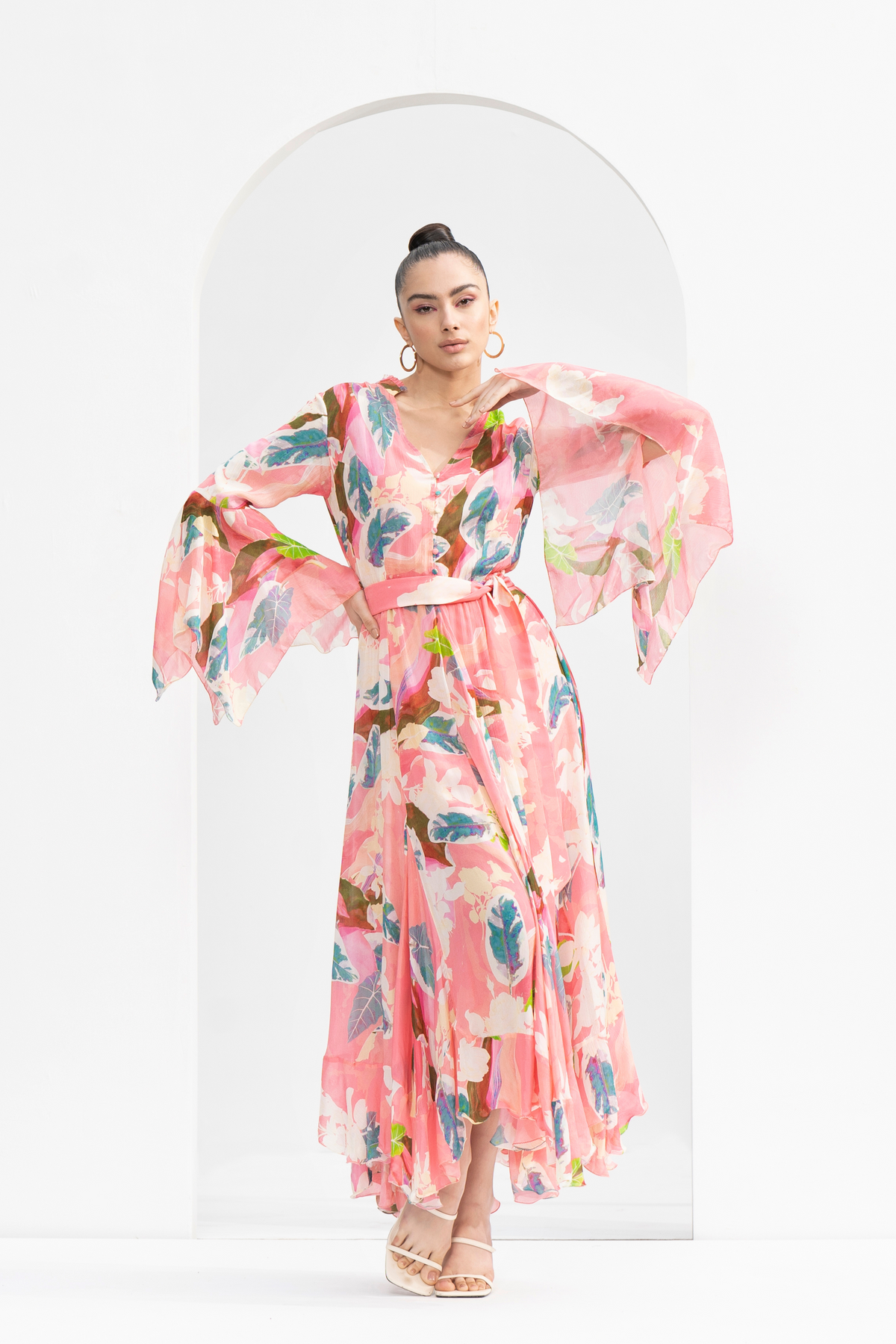 Peach Tropical Printed Chiffon Dress