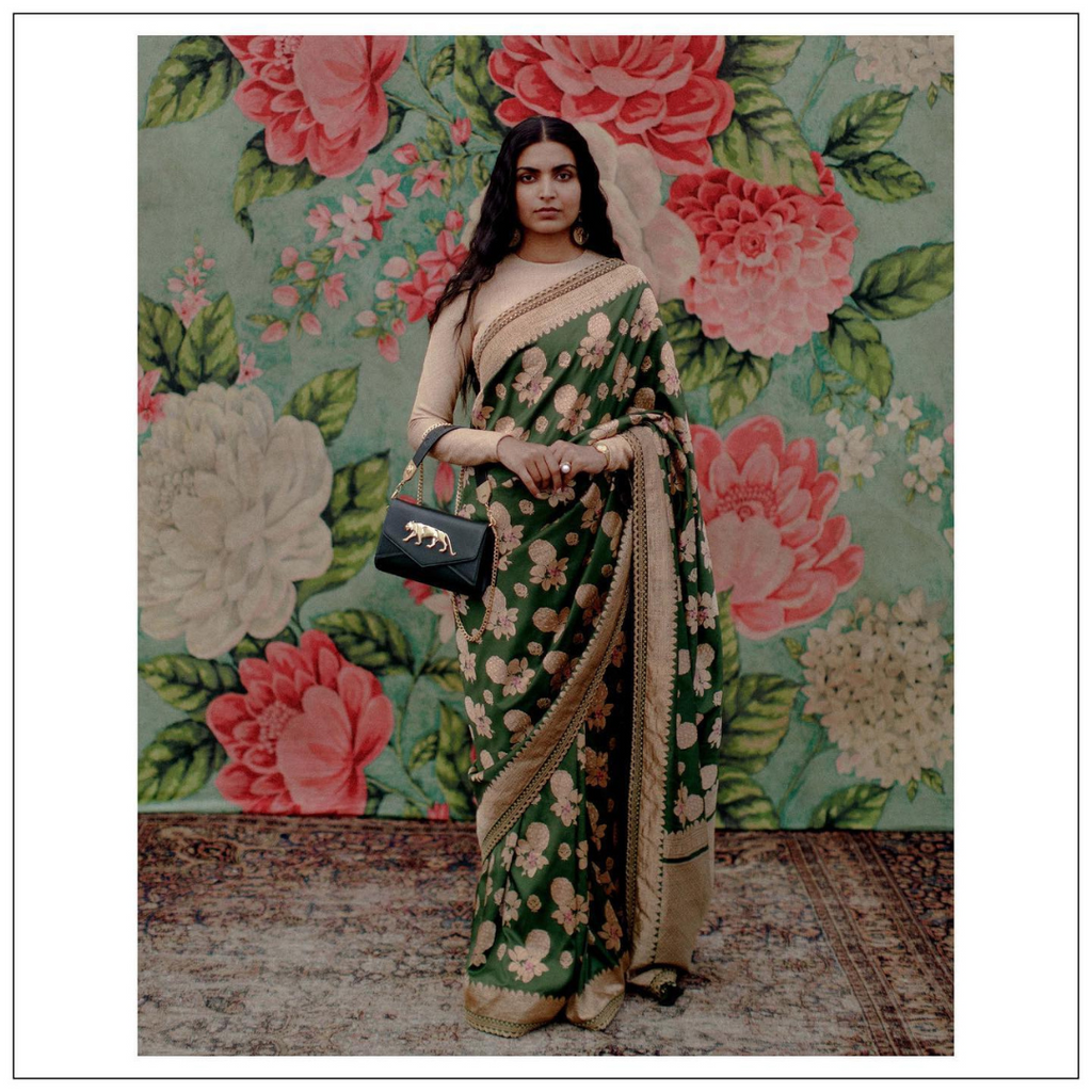 The Sharifa Benarasi Saree in Moss Green Elahe