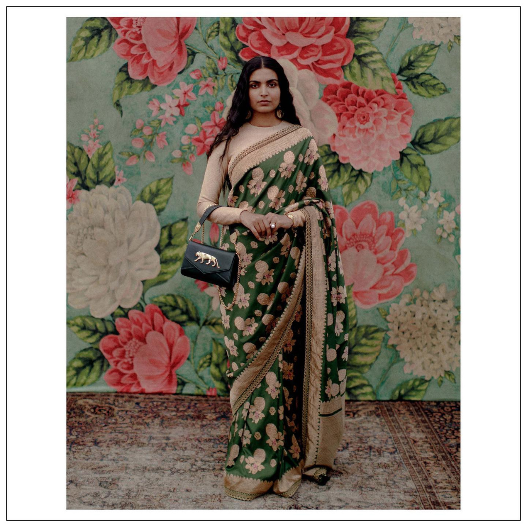 The Sharifa Benarasi Saree in Moss Green