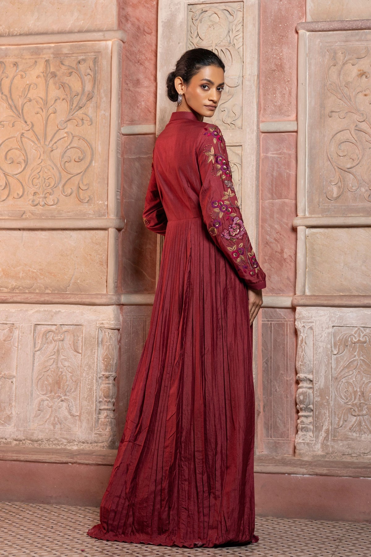 Maroon Pleated Maxi Dress