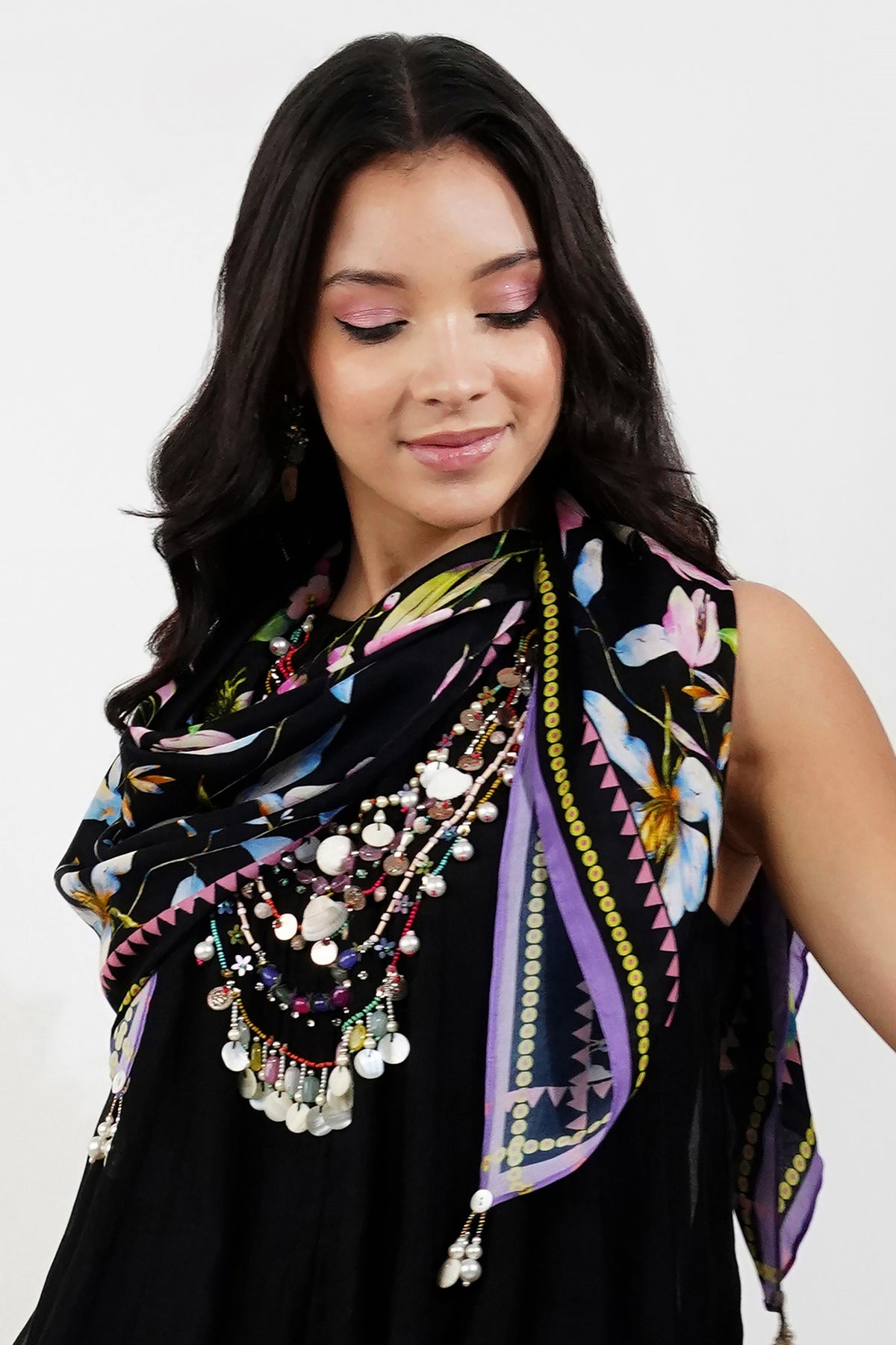 Black Summer Floral Satin Scarf