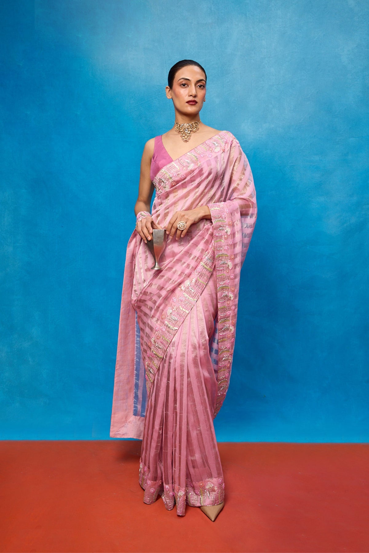 Handwoven Pink Tissue Embroidered Saree