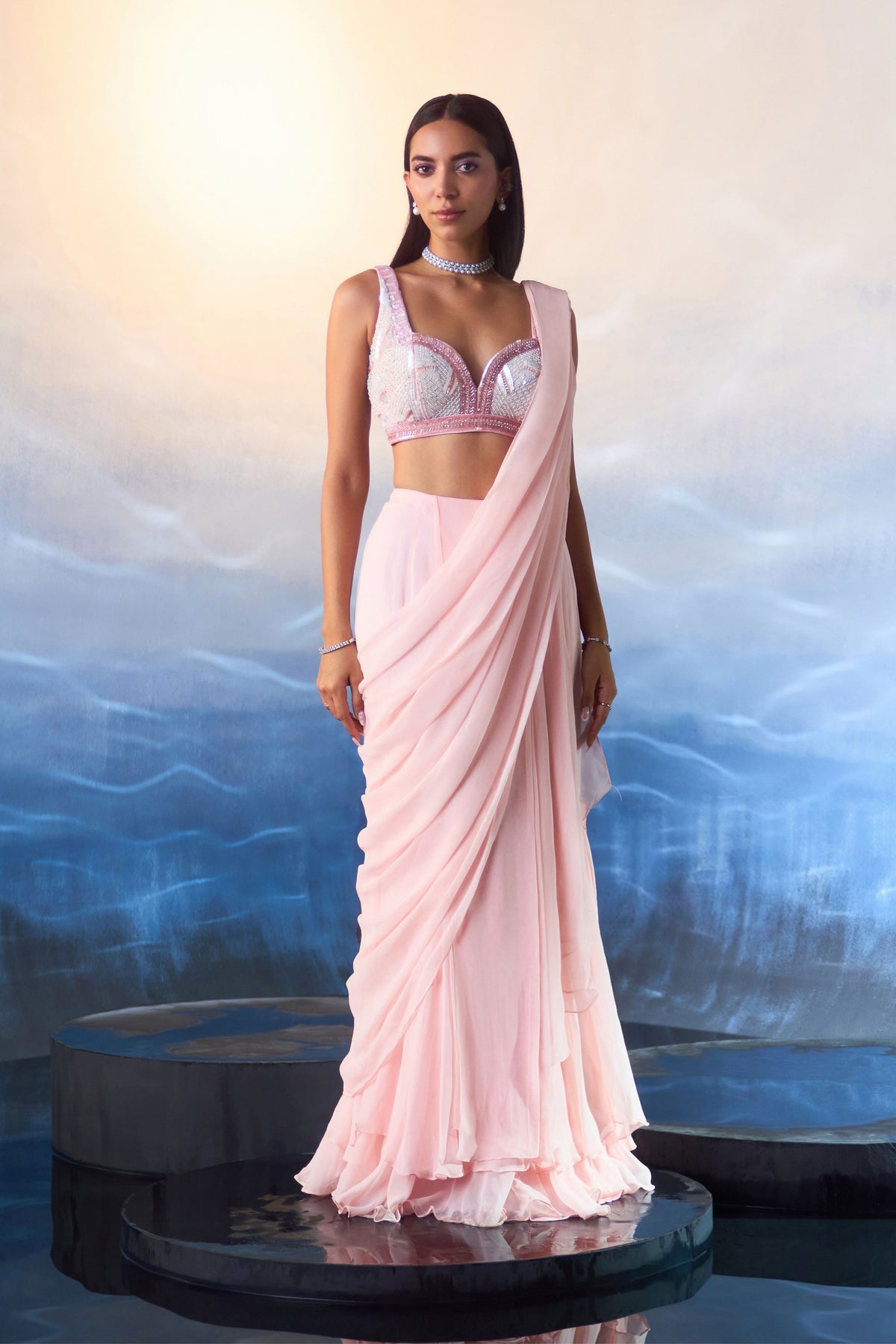 Powder Pink Drape Saree Set