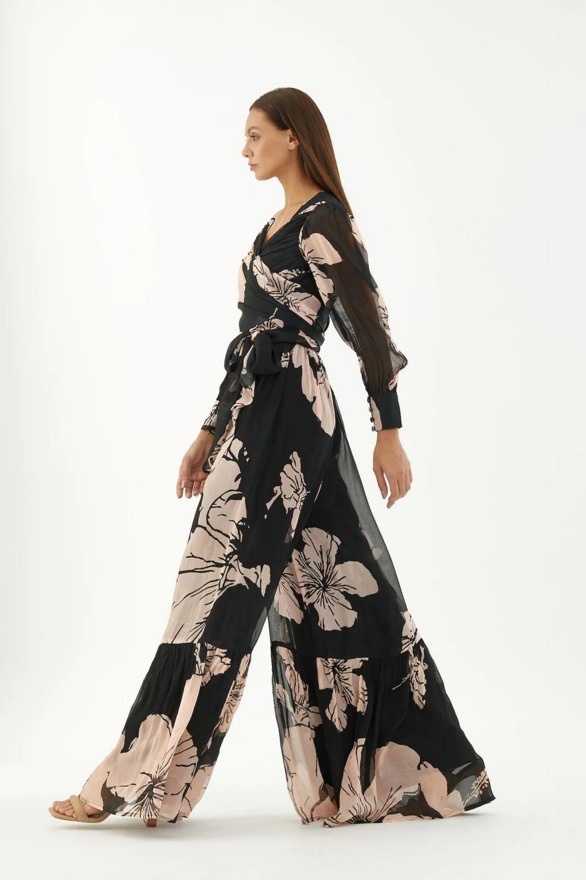 Black And Pink Floral Wrap Jumpsuit