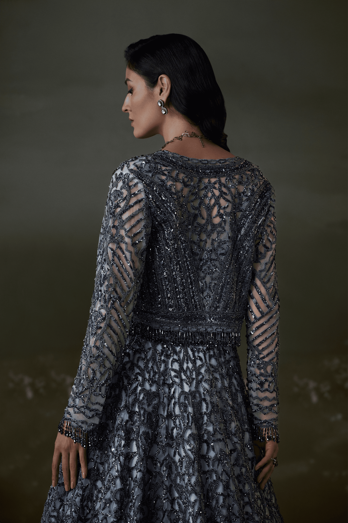 Stone Grey Lehenga Paired With Jacket