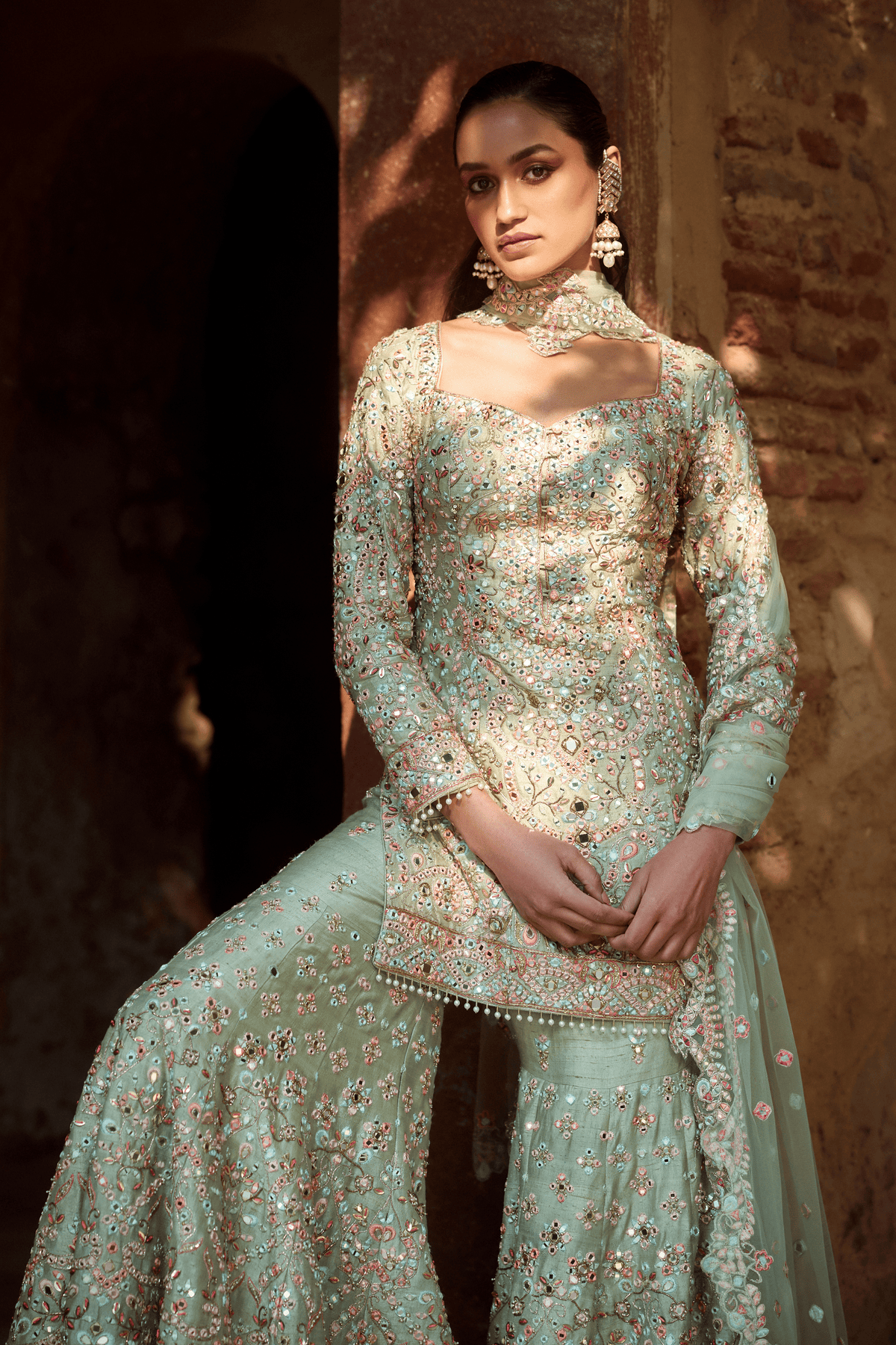 Mint Green Raw Silk Gharara Set