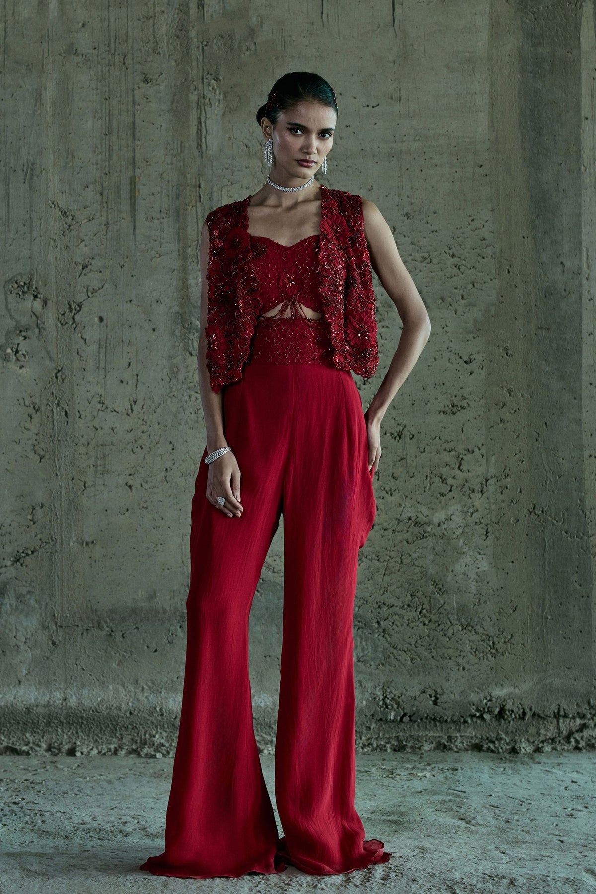 Red Embellished Jacket Set