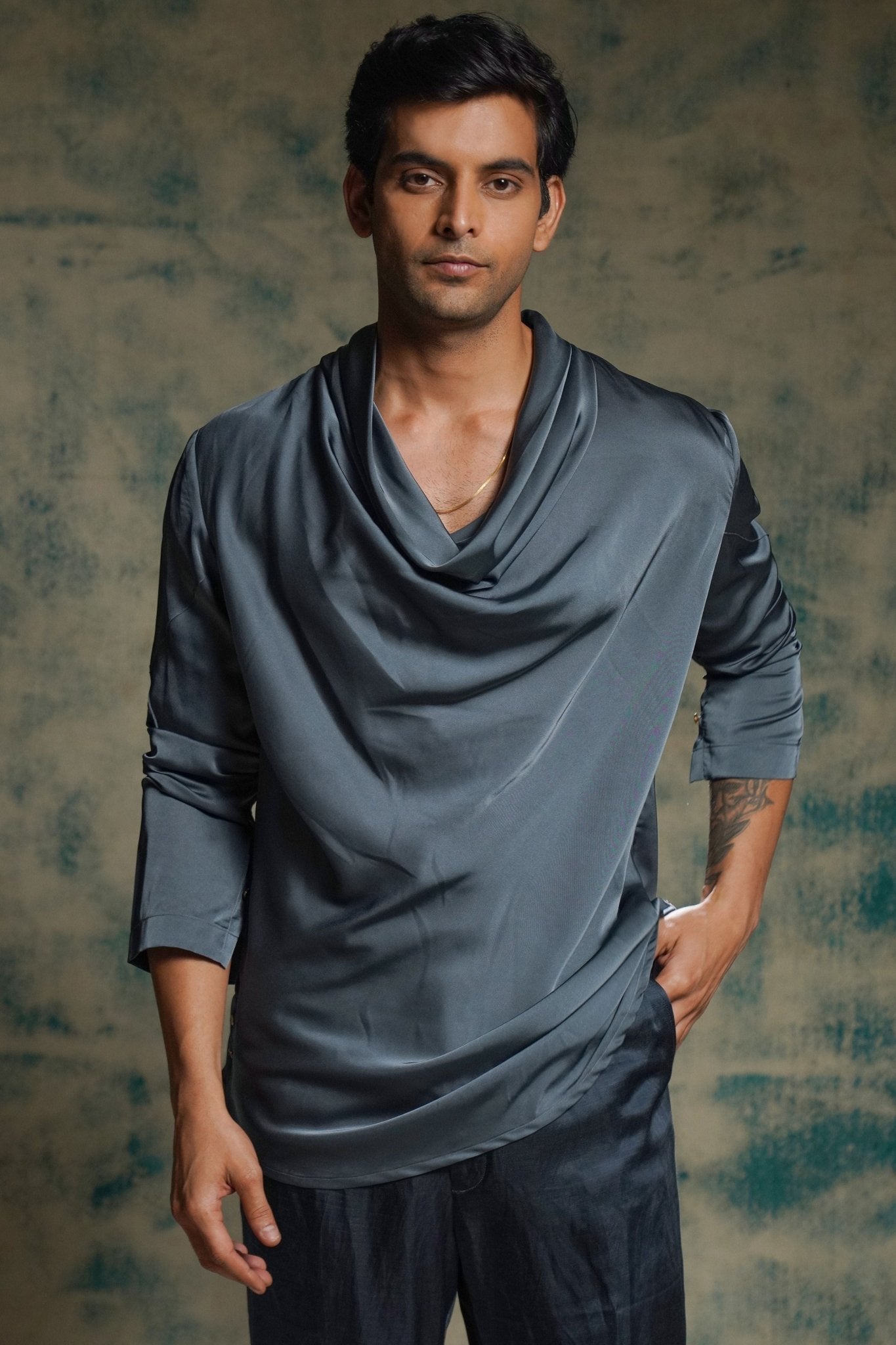 Blue Cowl Short Kurta Set - Jatin Malik - Elahe