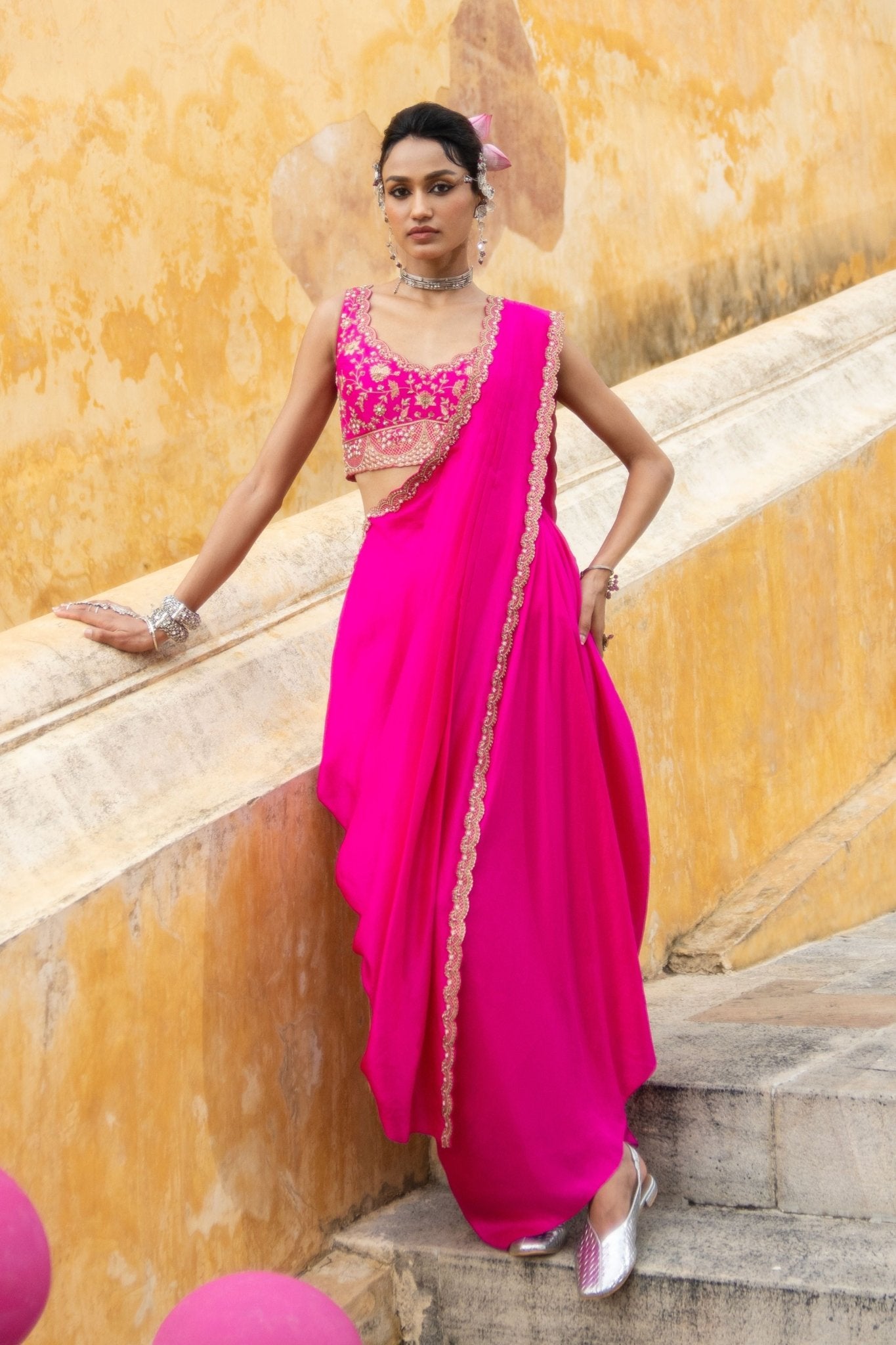Bright Fuschia Draped Saree - Pink City - Elahe