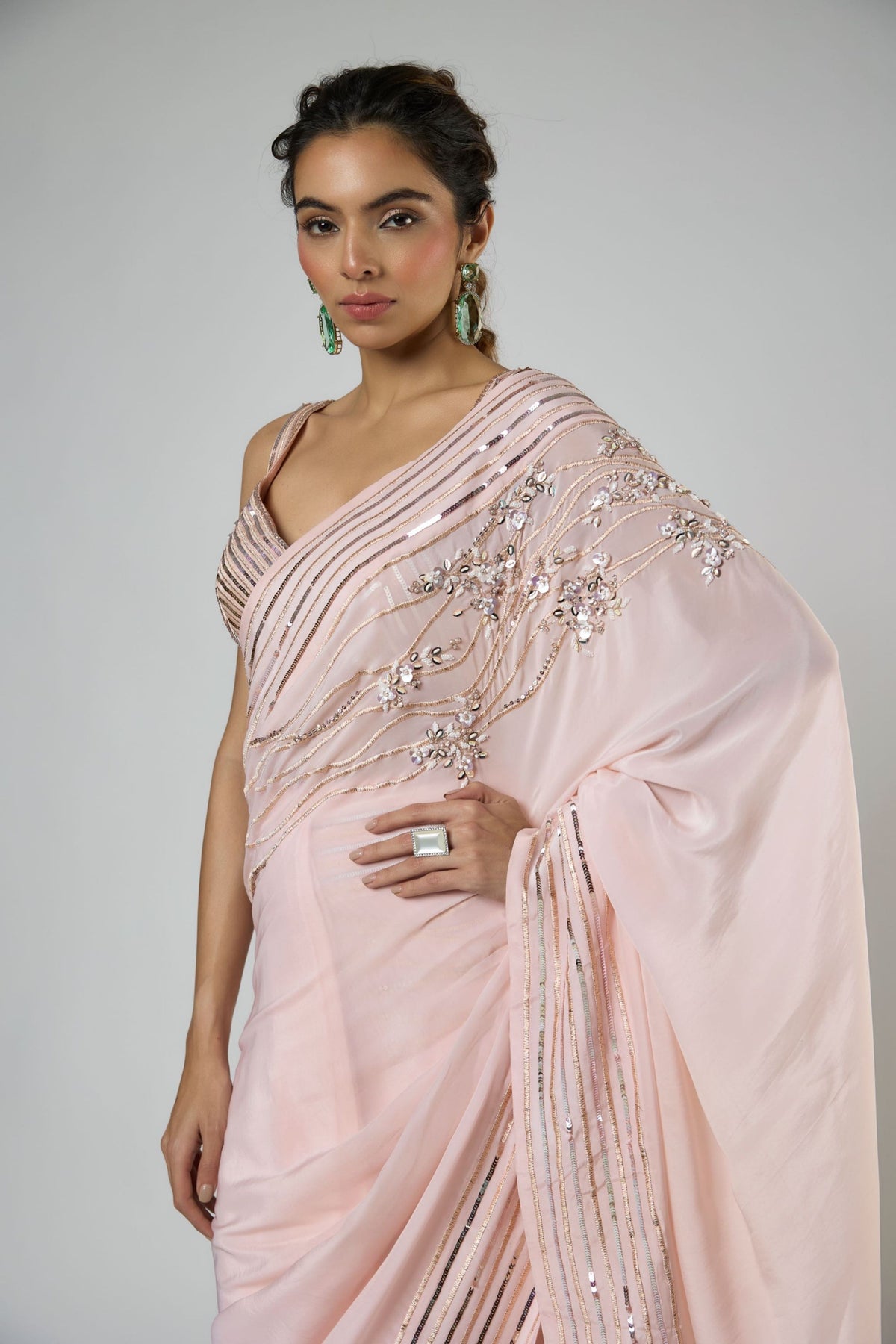 Peachy Pink Draped Saree Set