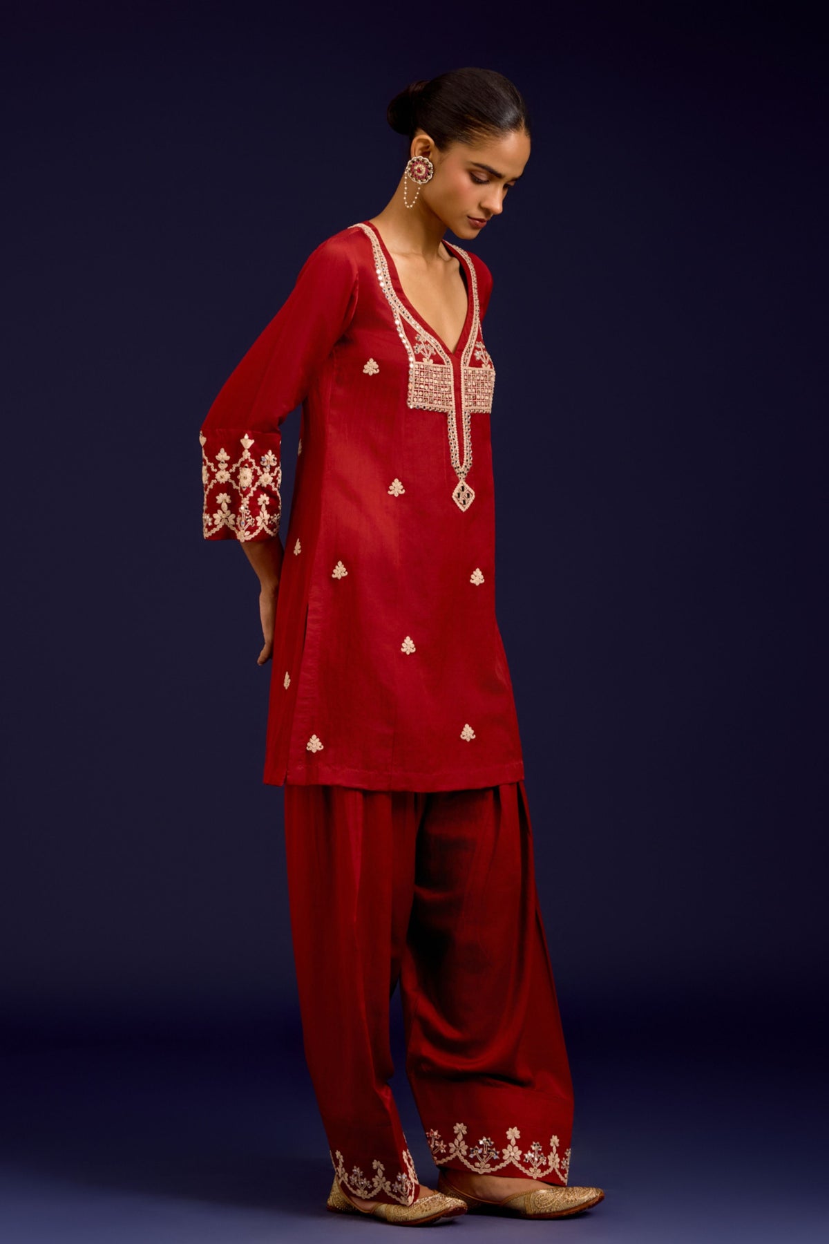 Rust Cotton Embroidered Kurta Set