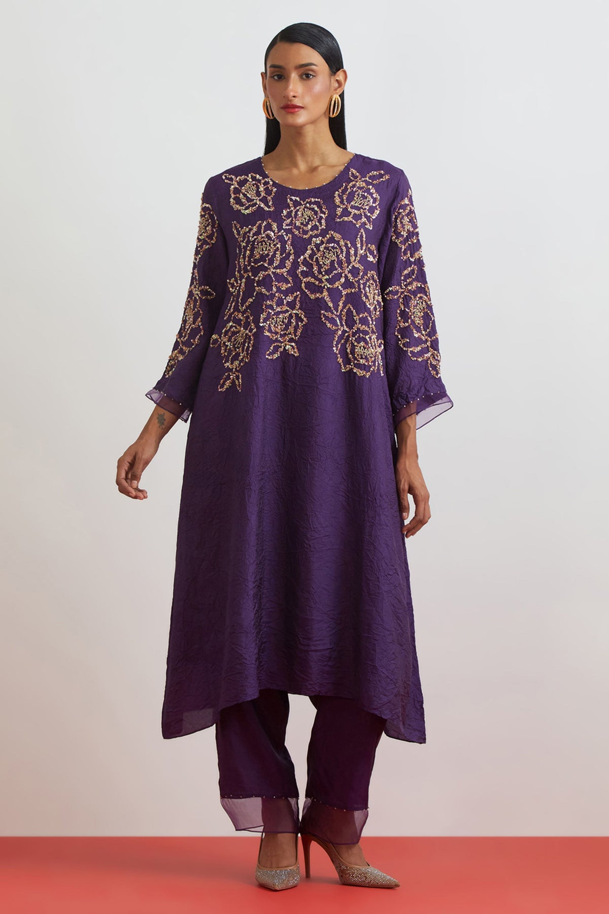 Violet Floral Encrusted Kurta Set