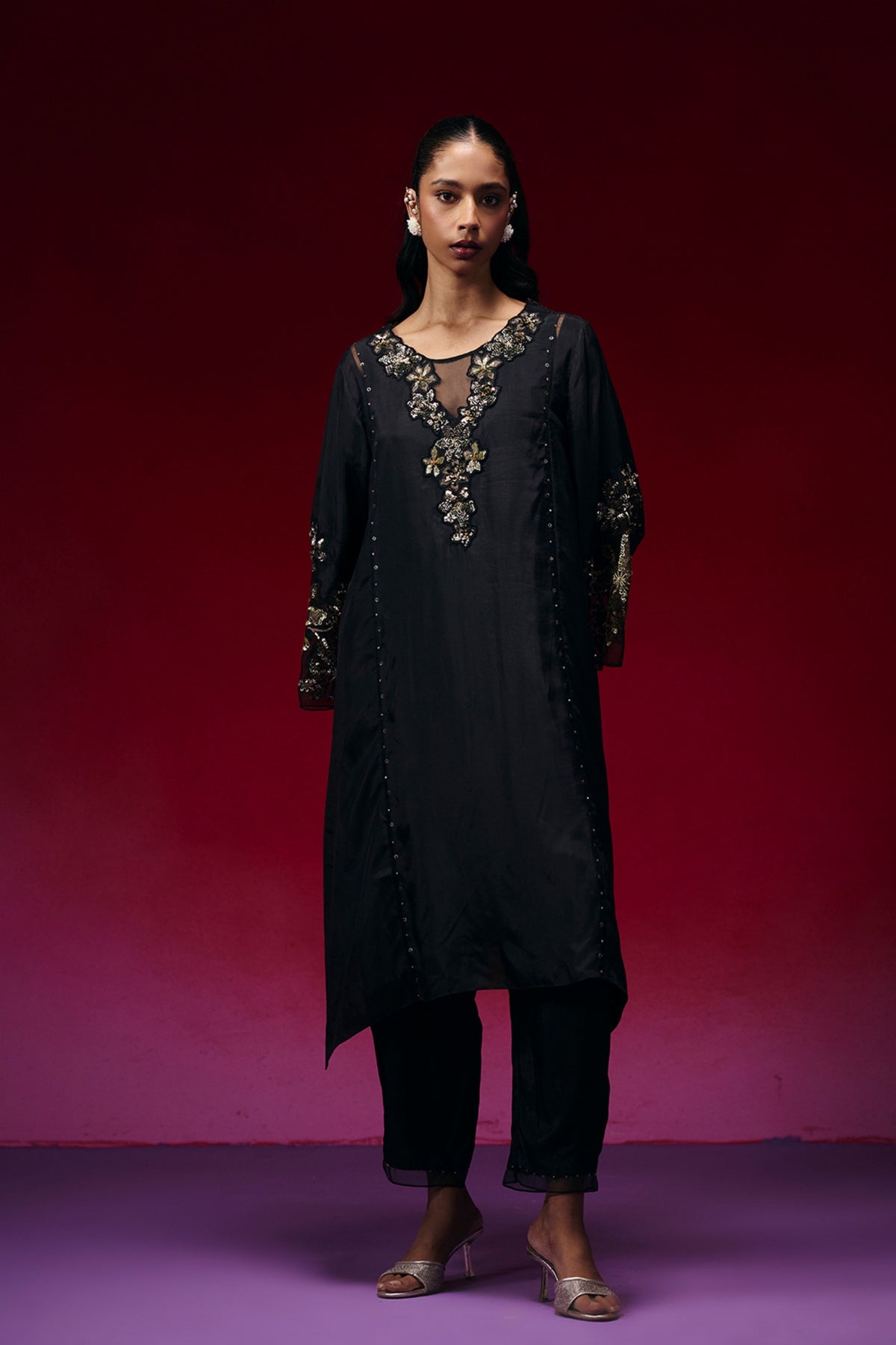 Black Floral Appliqué Kurta Set