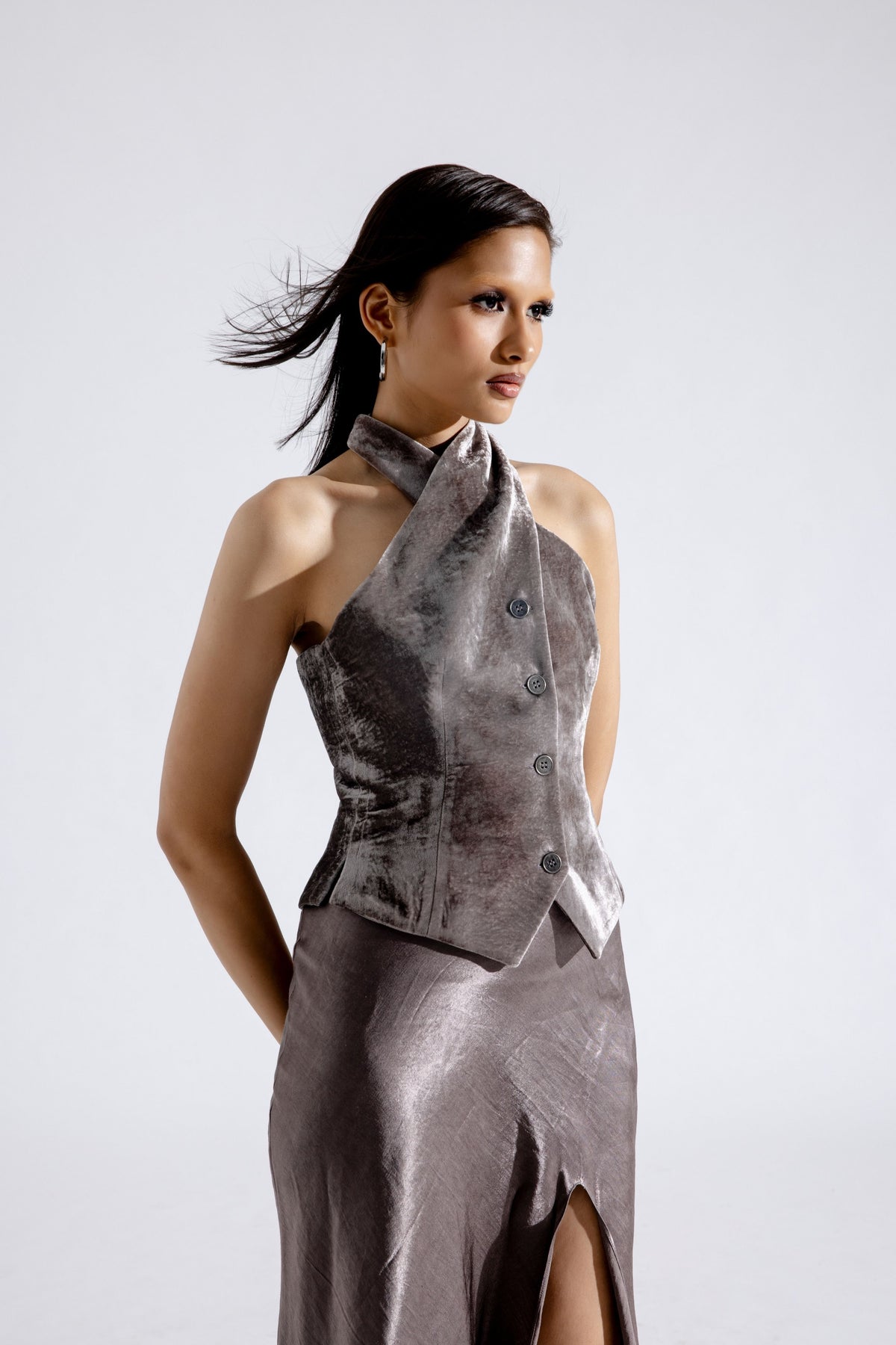 Sleek Steel Velvet Waistcoat