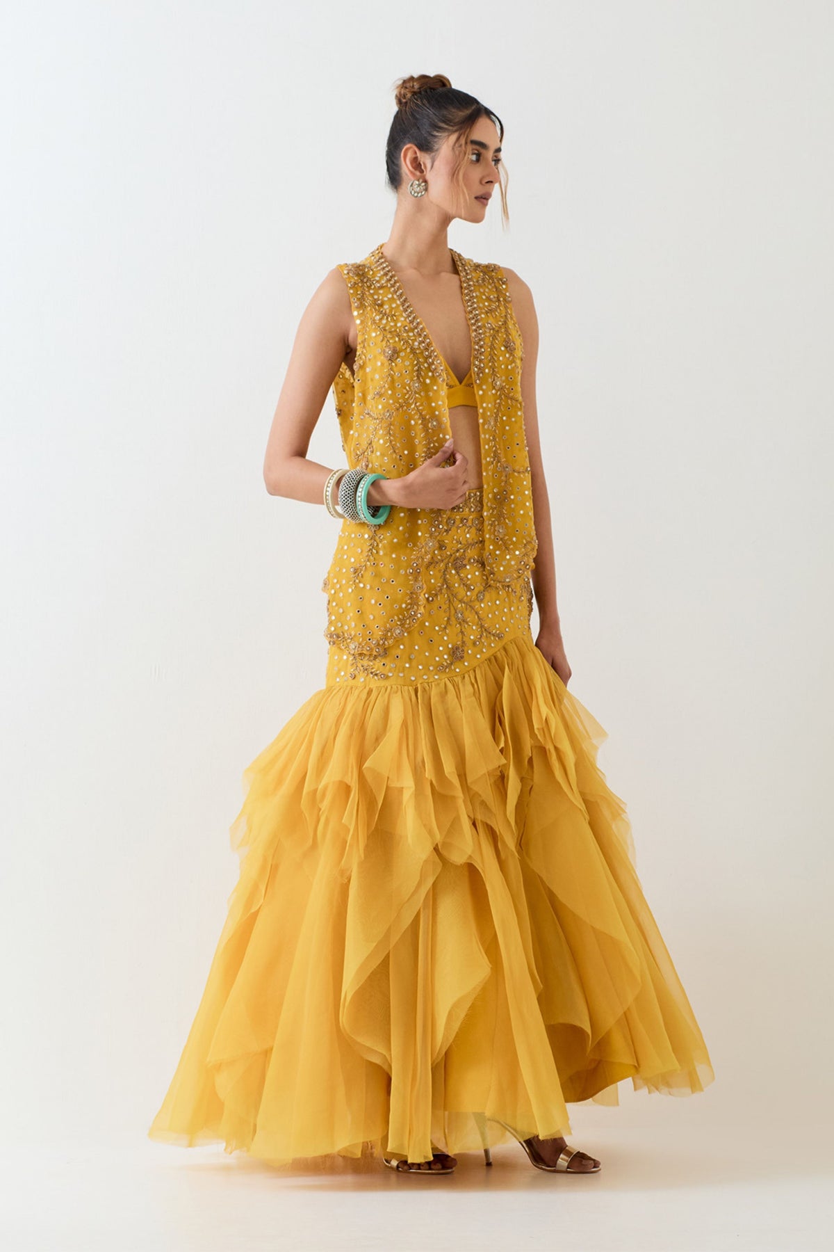 Yellow Organza Skirt Cape Set