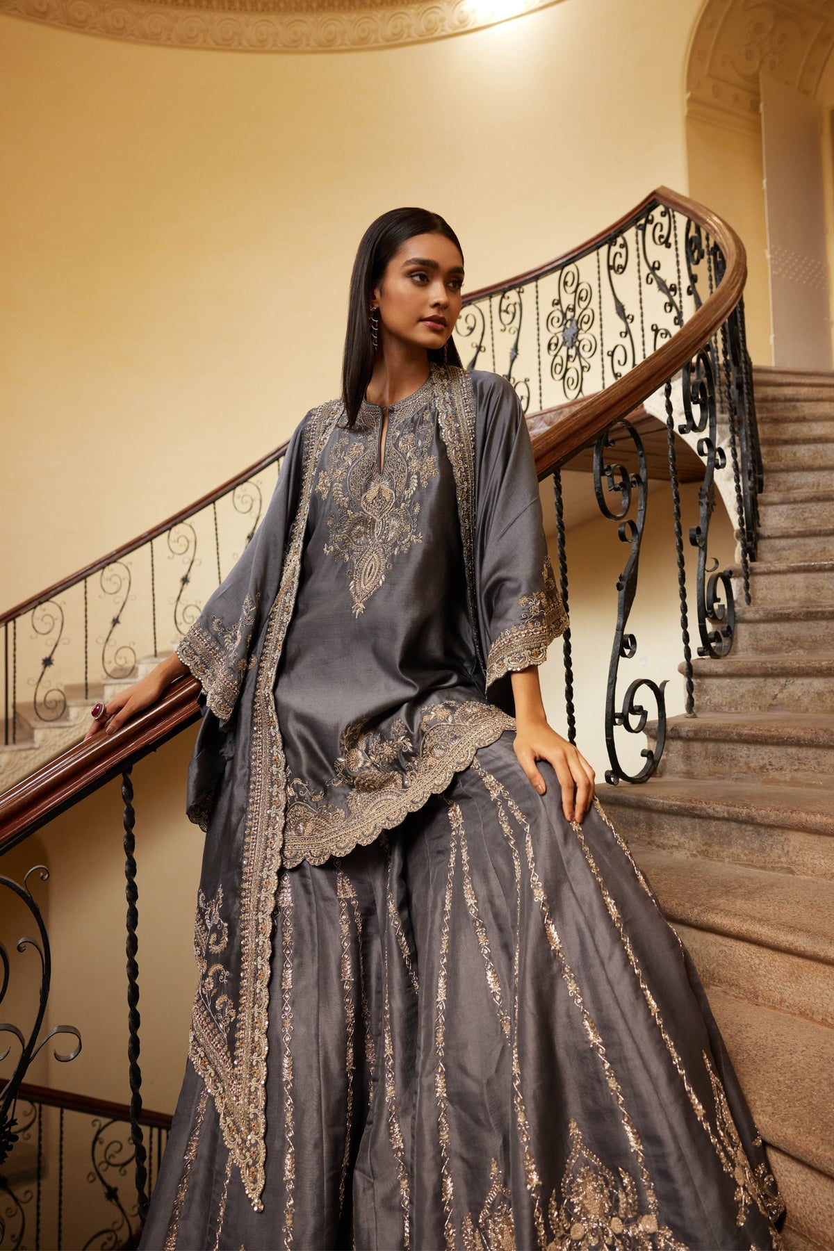 Teal Grey Sharara Cape Set