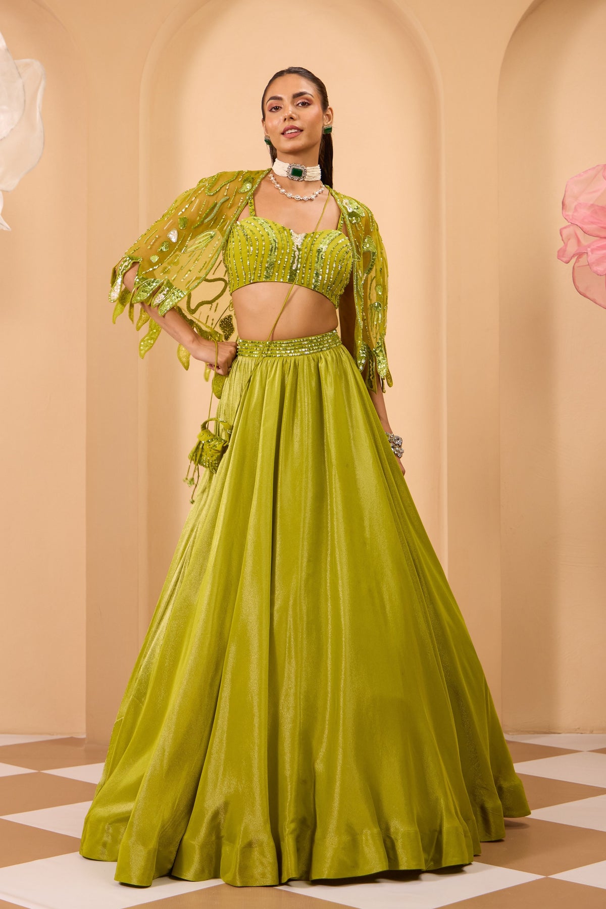 Green Hand Embroidered Lehenga Set