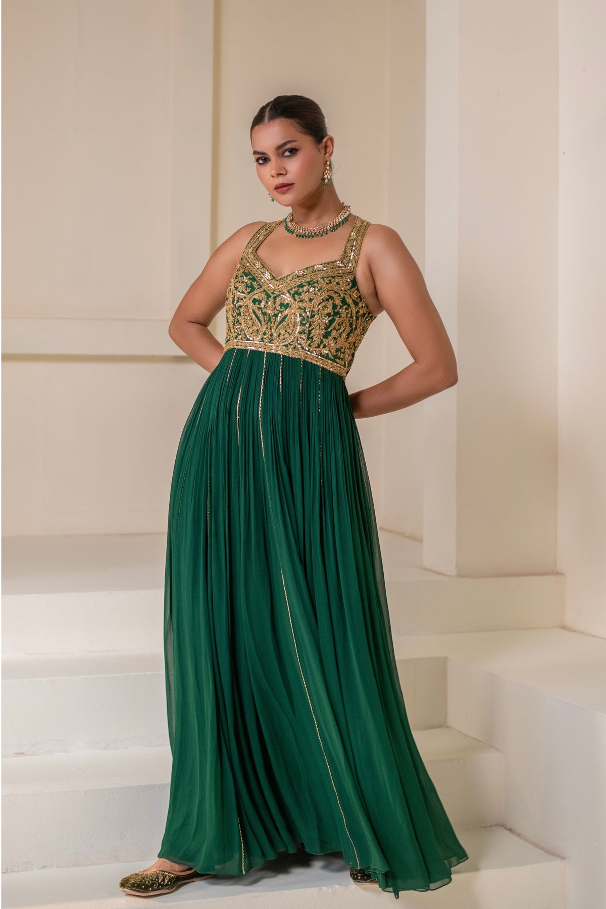 Emerald Green Sleeveless Embellished  Anarkali
