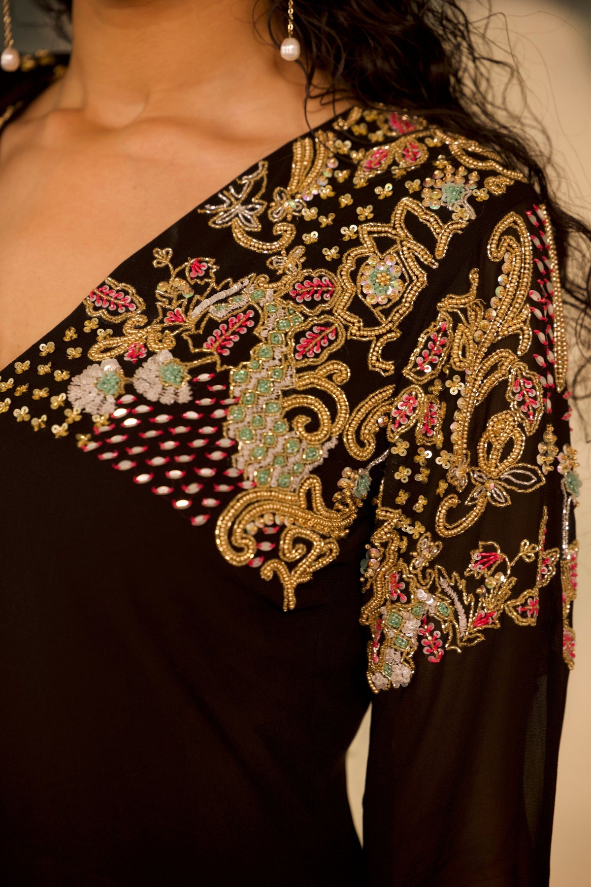 V Neck Black Organza Set