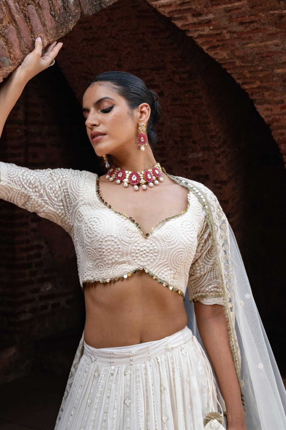 Off White Embroidered Maharani Lehenga Set