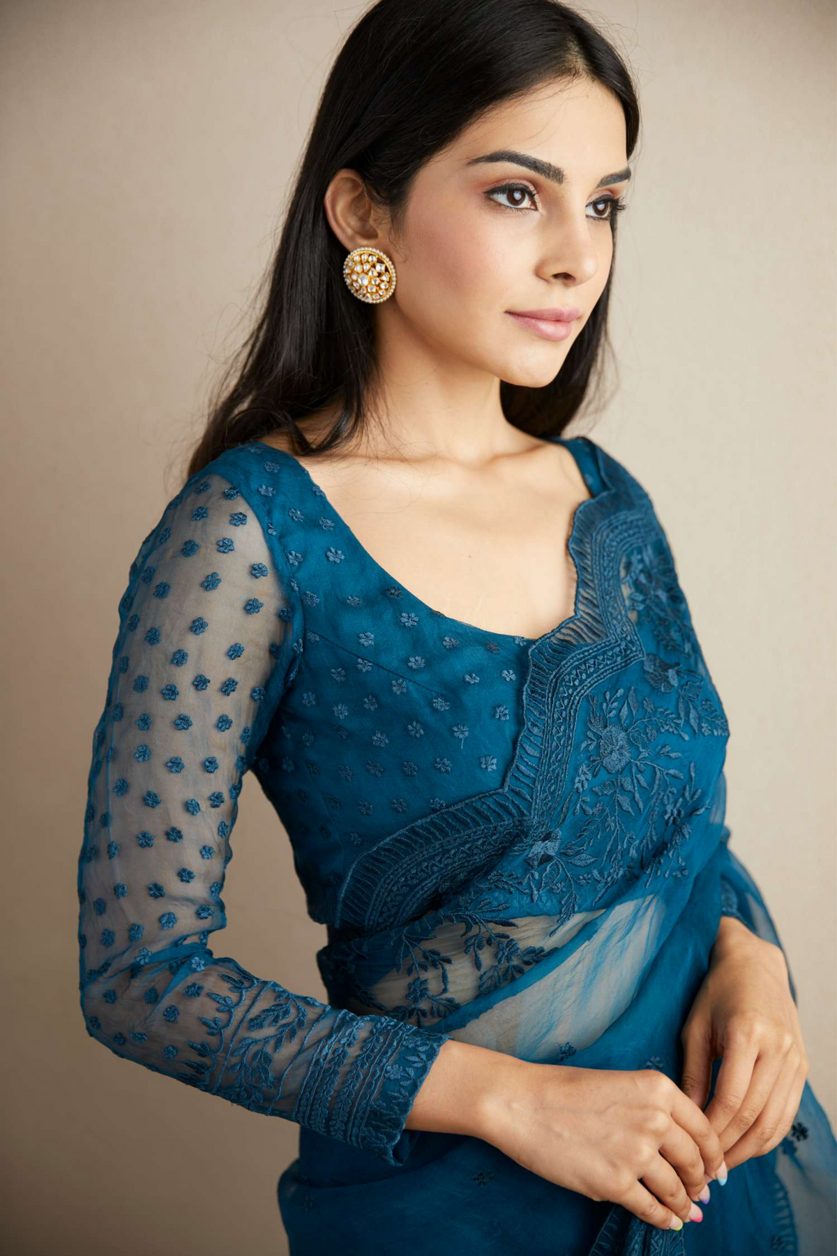 Teal Blue Organza Saree Set