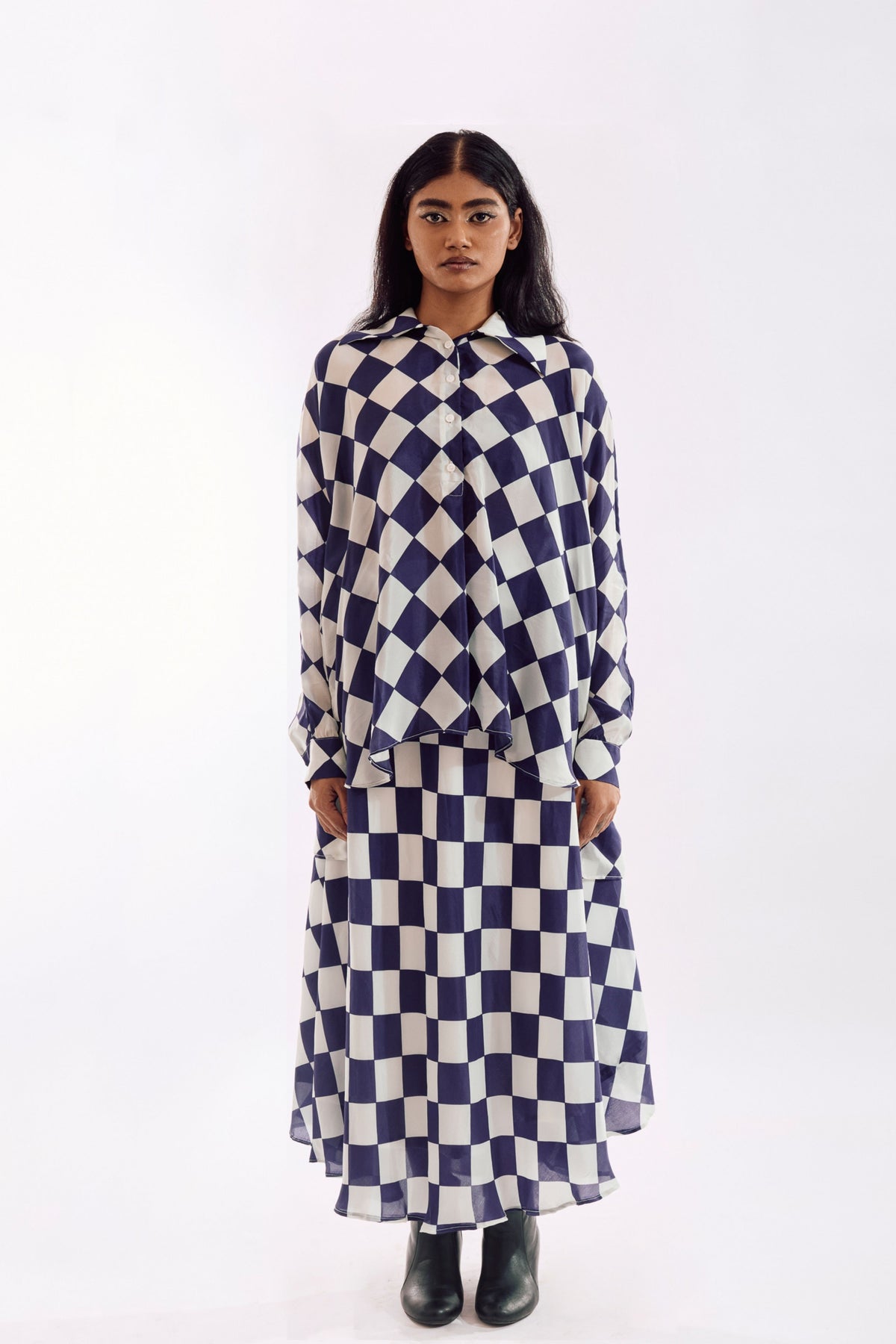 Cream Indigo Check Co-ord Set