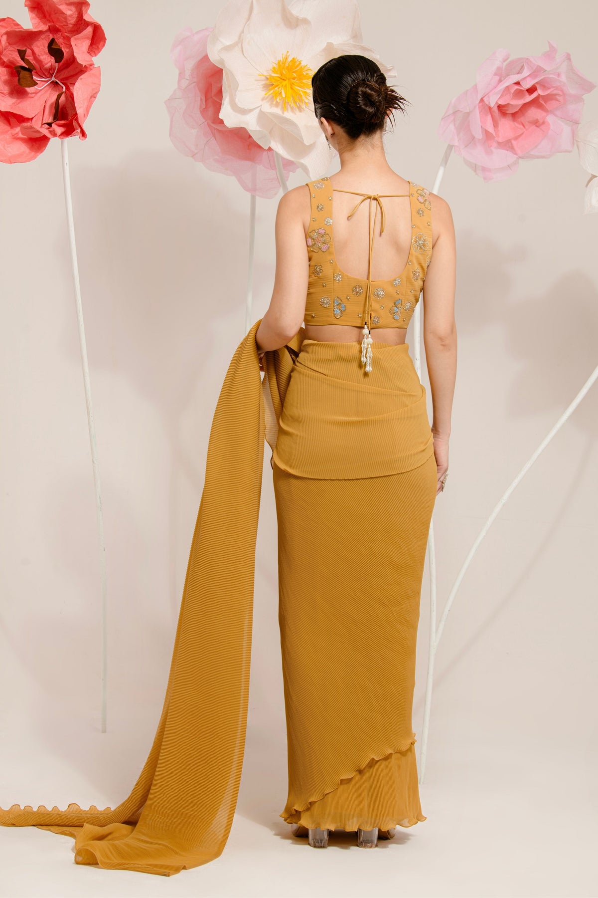 Pre-draped Mustard Pleated Saree