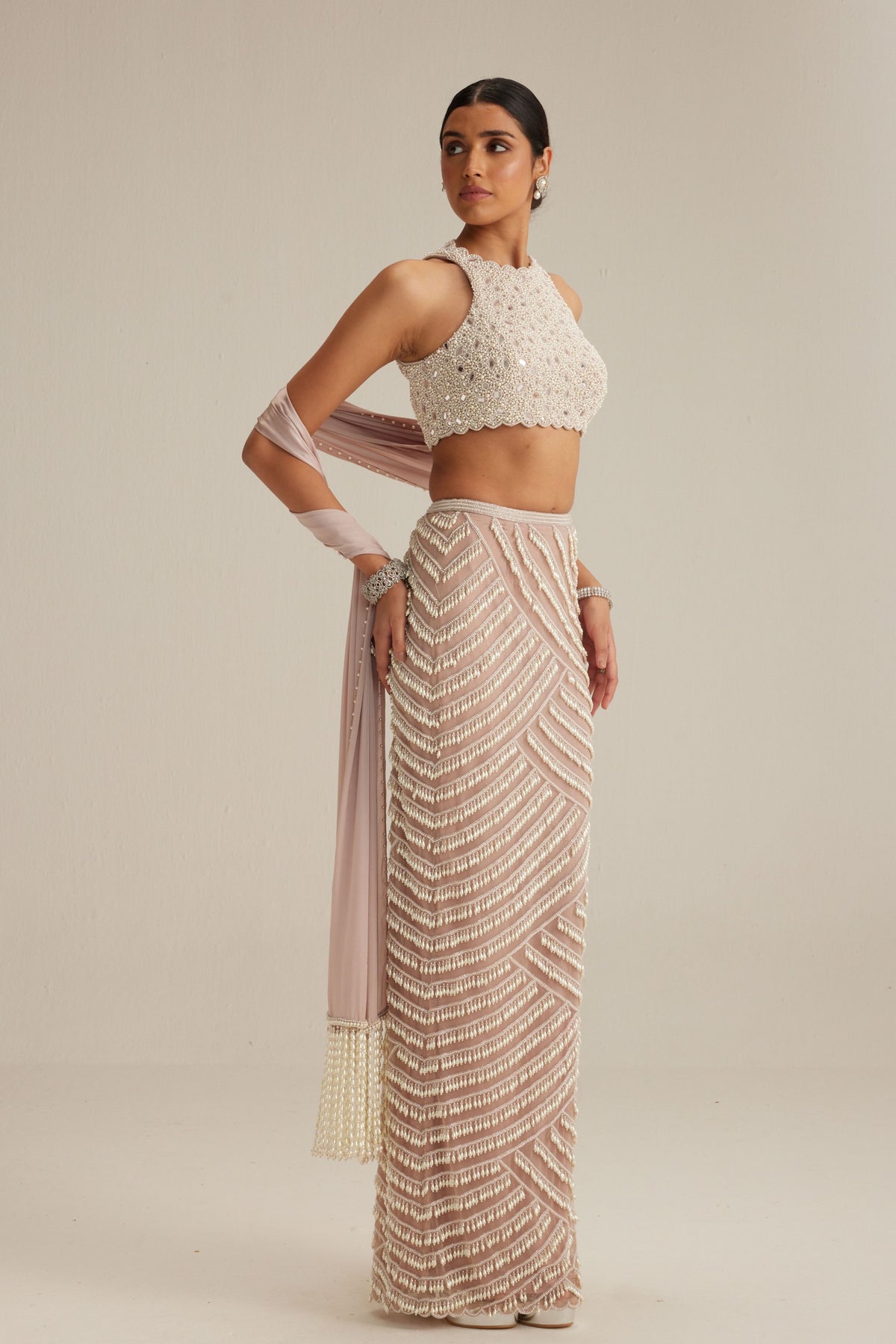 Ash Pink OAS Pearl Drop Pencil Skirt Set