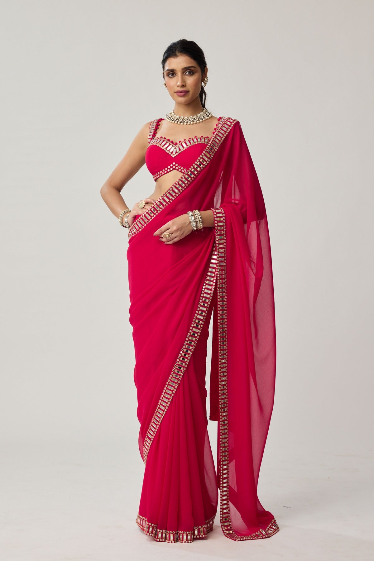 Crimson Red Georgette Saree Set