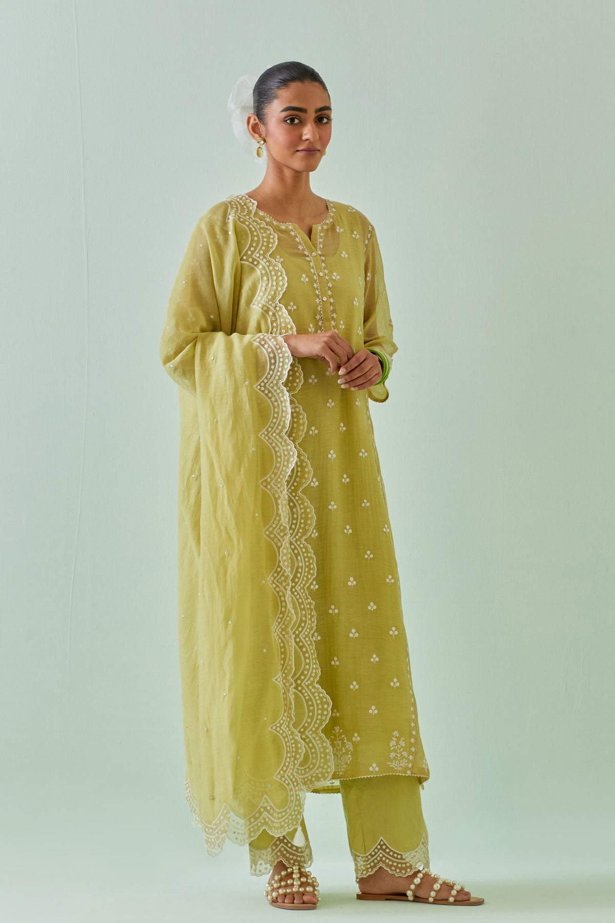 Green Scalloped Straight Kurta Set