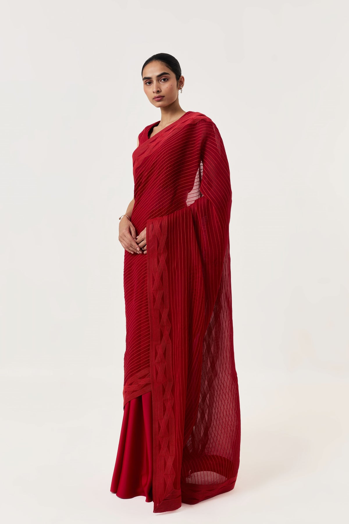 Entwined Red Corded Saree With Striped Pallu