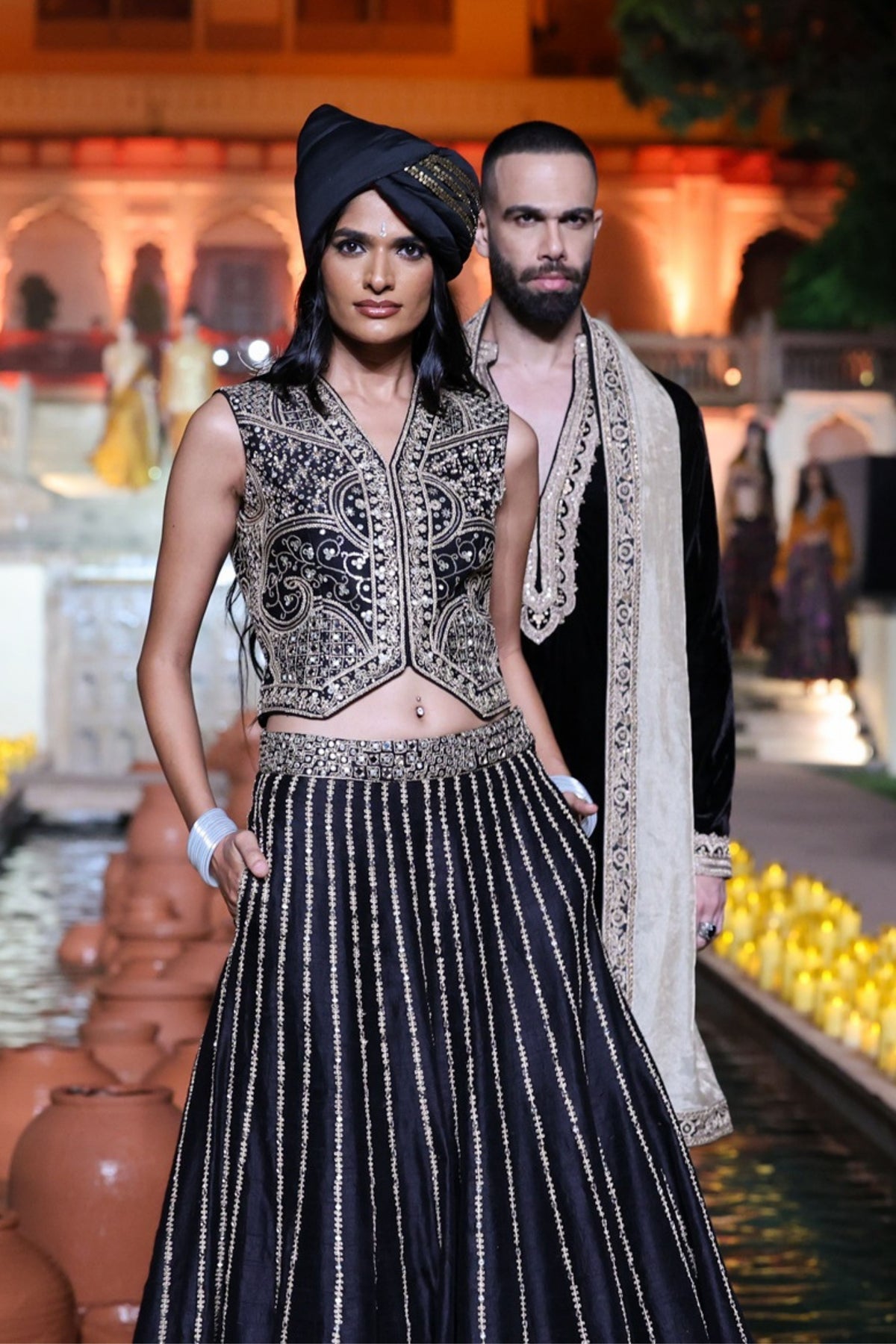 Amer Black Waiscoat Lehenga Set