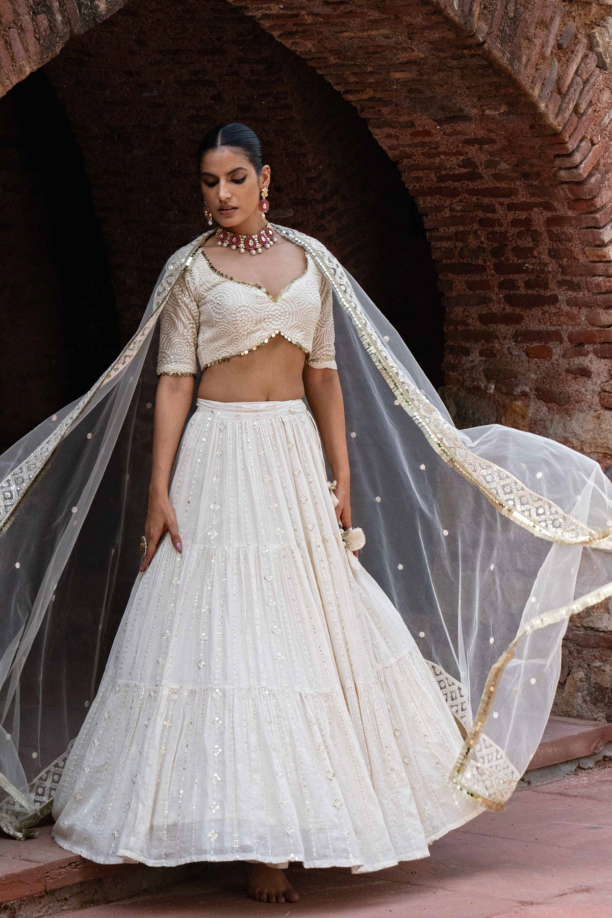 Off White Embroidered Maharani Lehenga Set