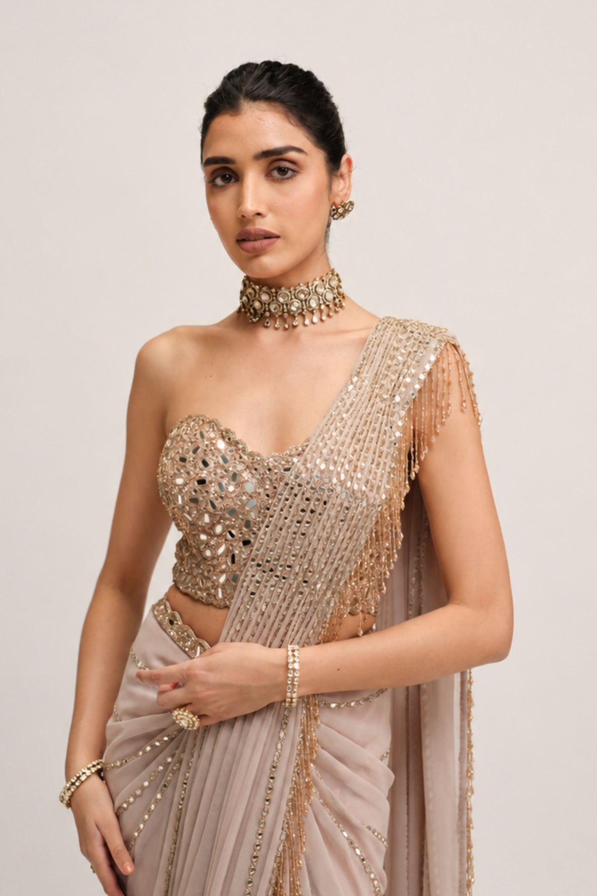 Ash Embroidered Saree Set