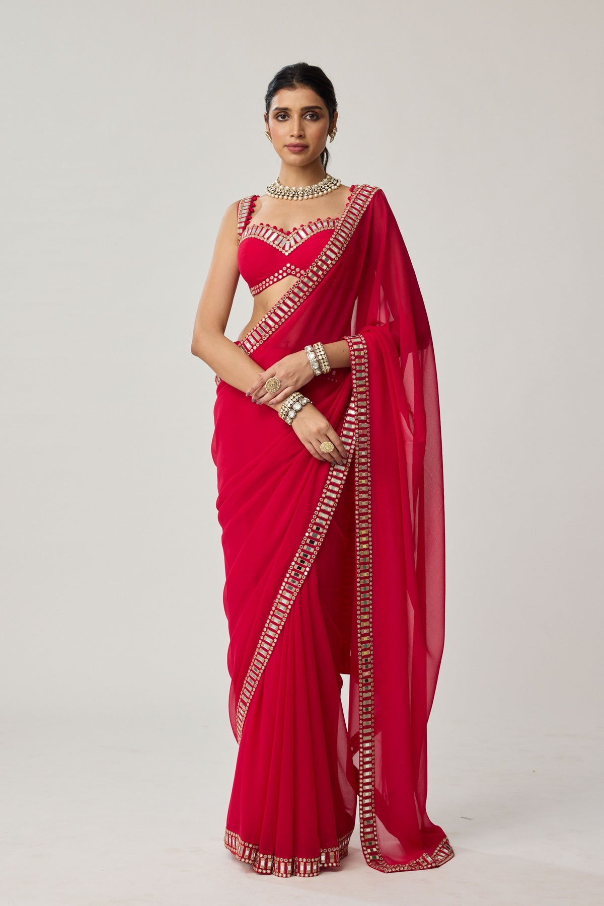 Crimson Red Georgette Saree Set