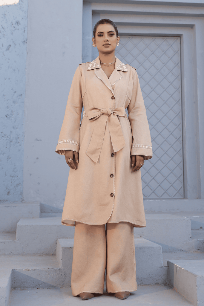 Raw & Rustic By Niti Bothra - Azure Trench Coat Set in Beige