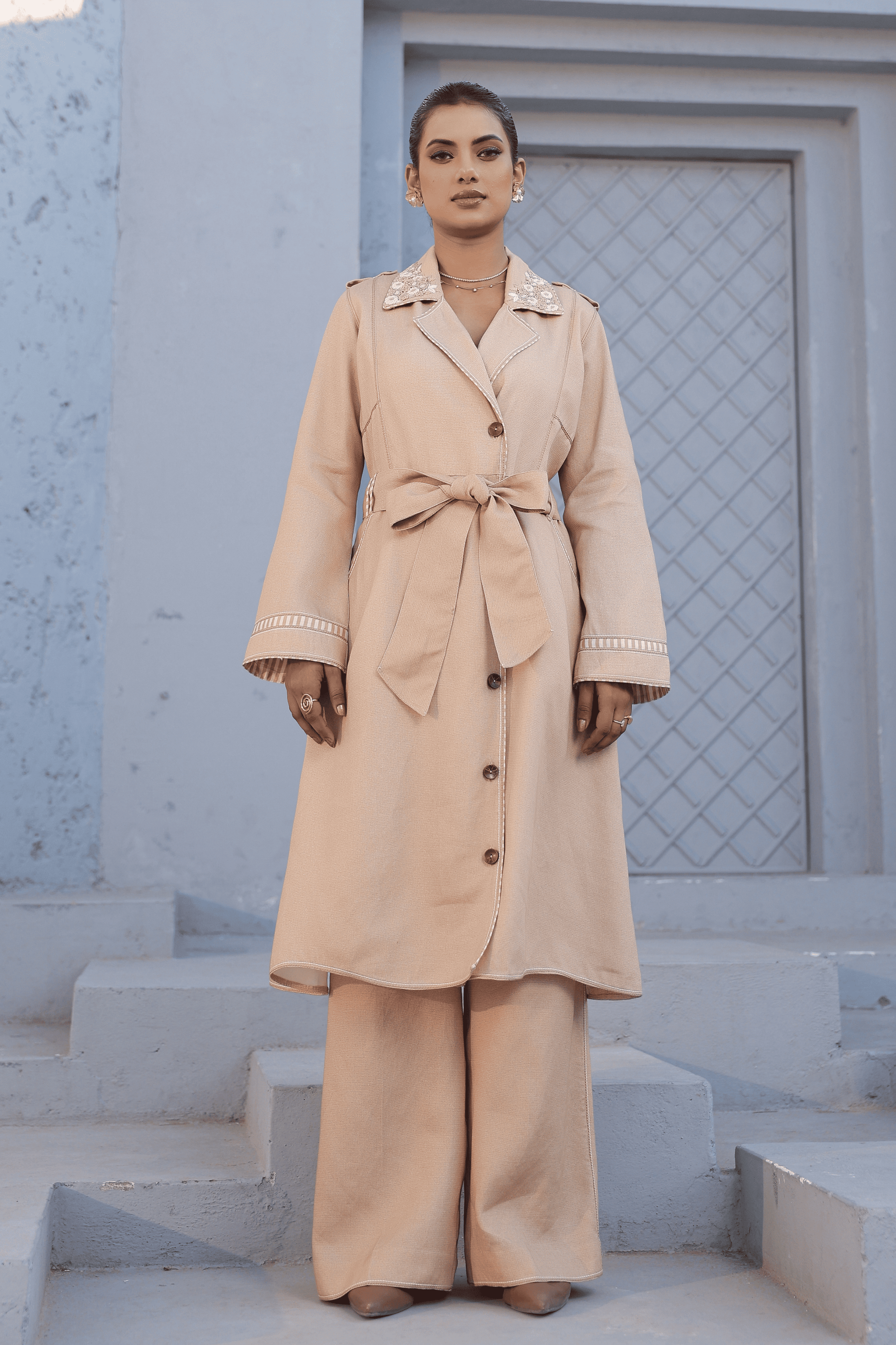 Raw & Rustic By Niti Bothra - Azure Trench Coat Set in Beige Raw & Rustic By Niti Bothra - Azure Trench Coat Set in Beige