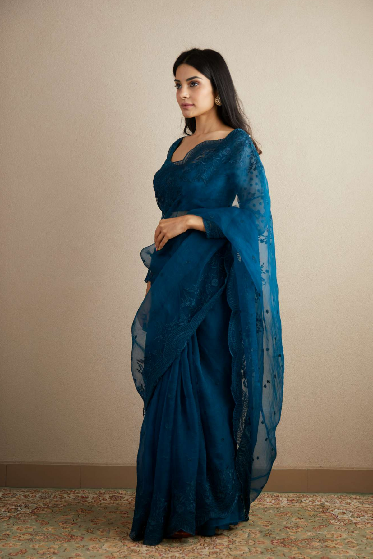 Teal Blue Organza Saree Set