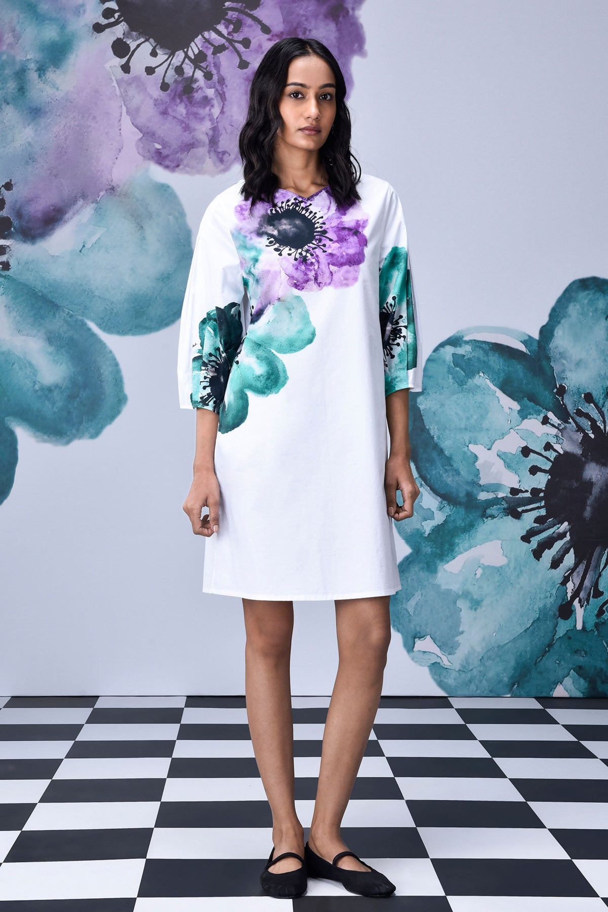 Anemone Flower Dress White Green
