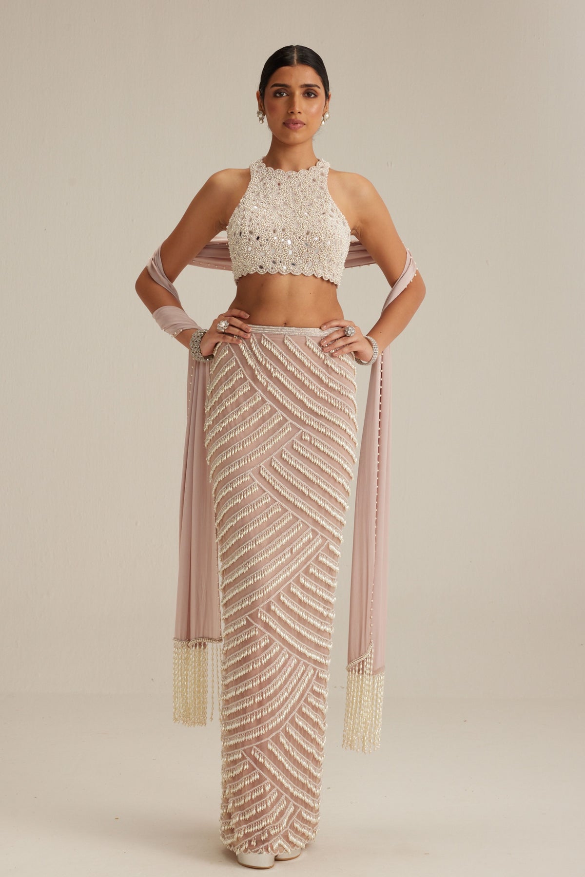 Ash Pink OAS Pearl Drop Pencil Skirt Set