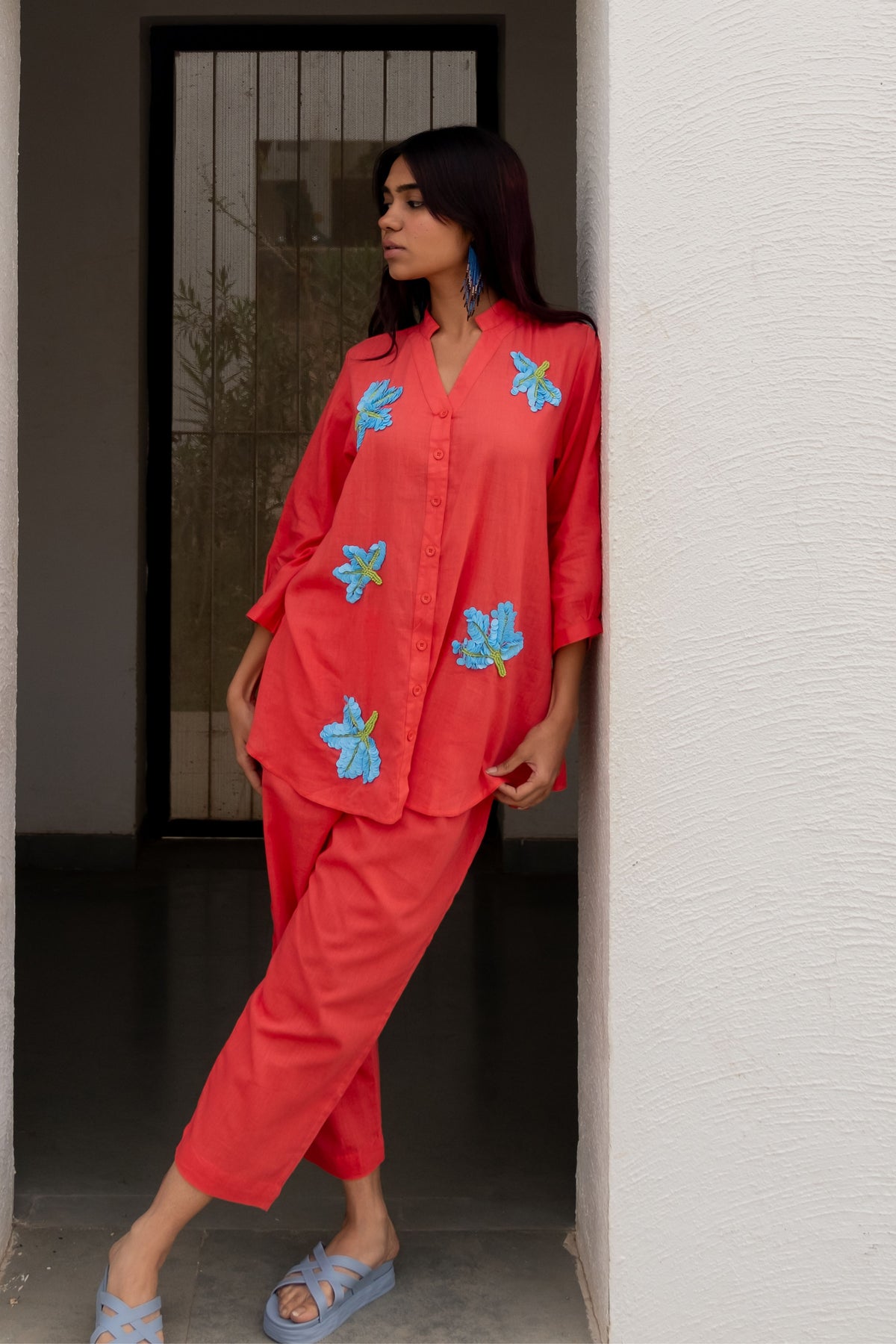 Coral Embroidered Co-ord Set