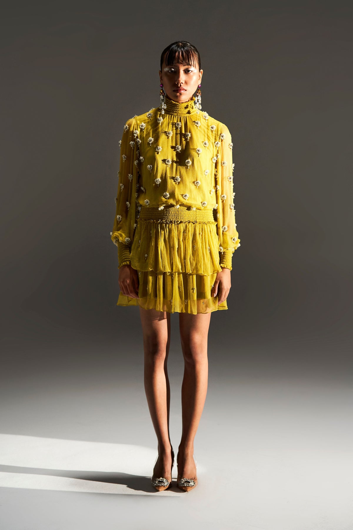 Lime Yellow Embellished High Neck Dress