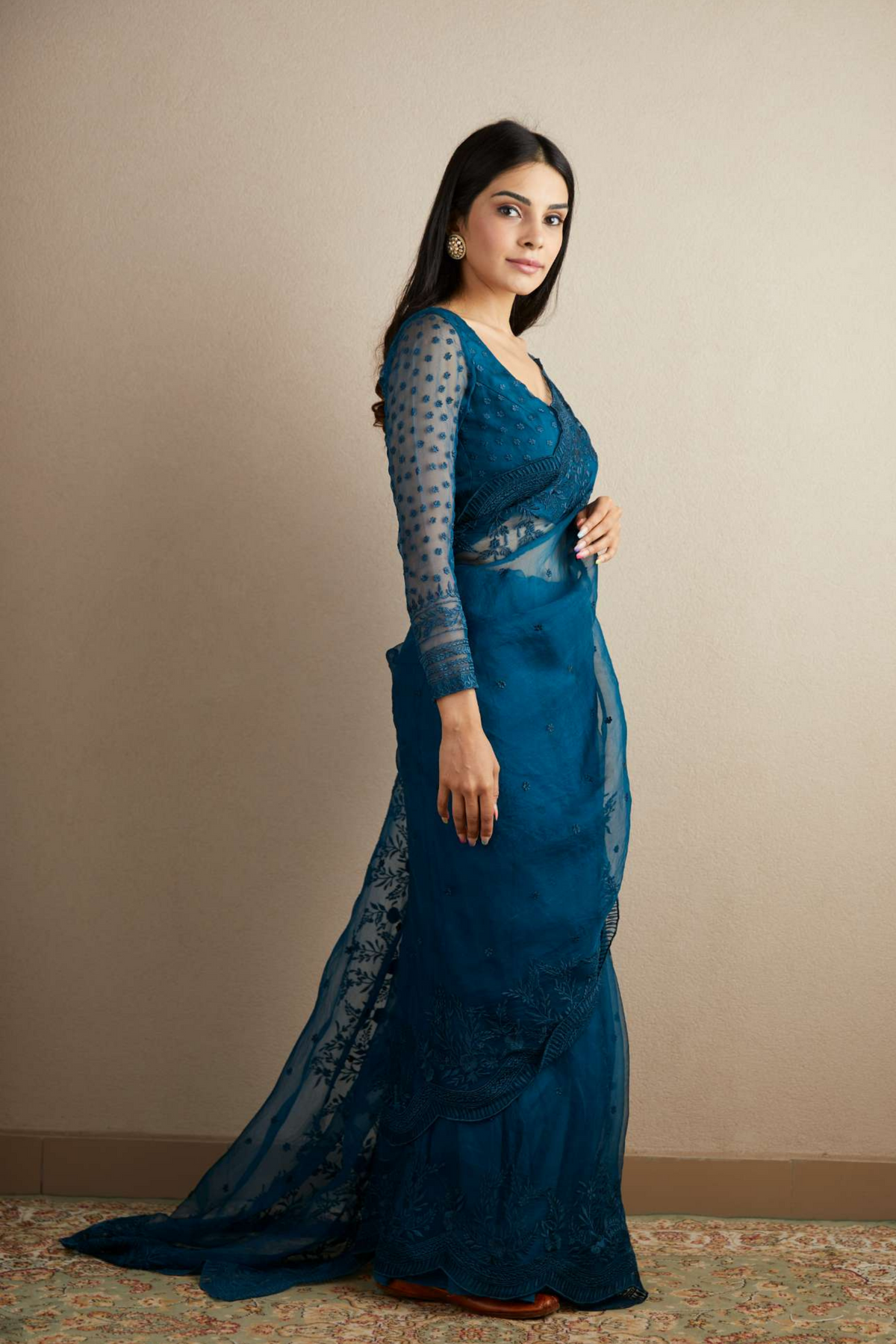 Teal Blue Organza Saree Set