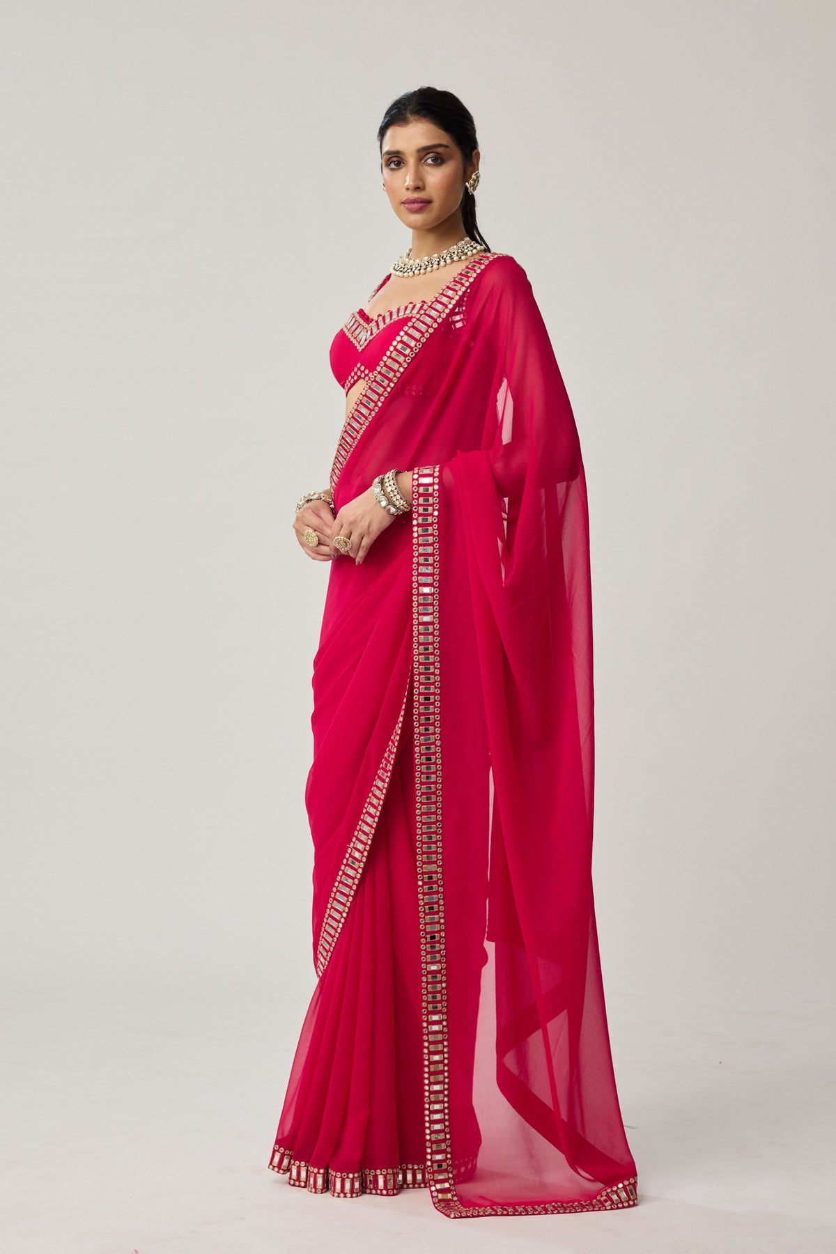 Crimson Red Georgette Saree Set