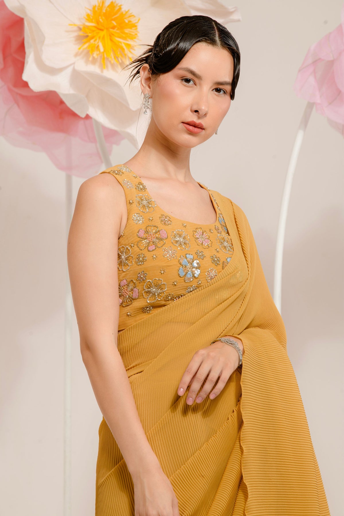 Pre-draped Mustard Pleated Saree