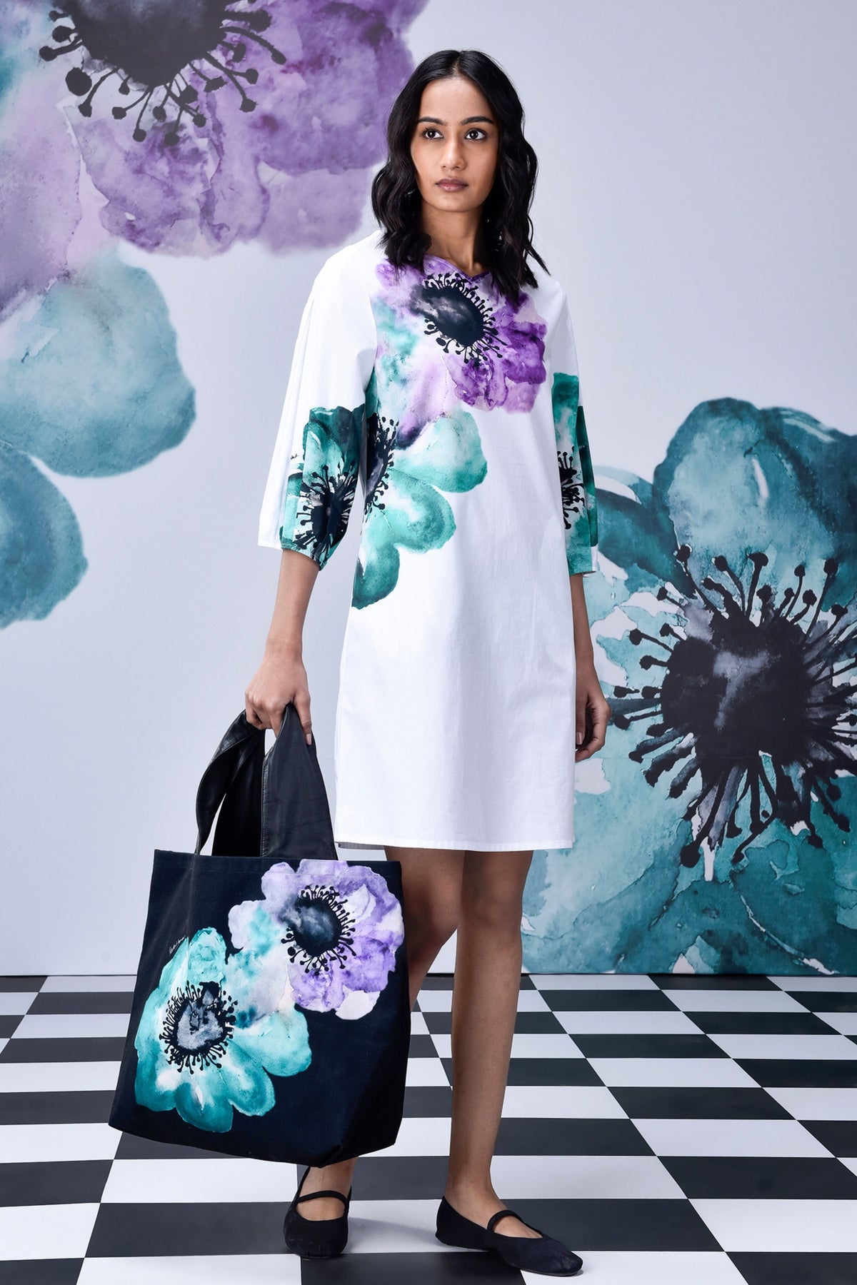 Anemone Flower Dress White Green