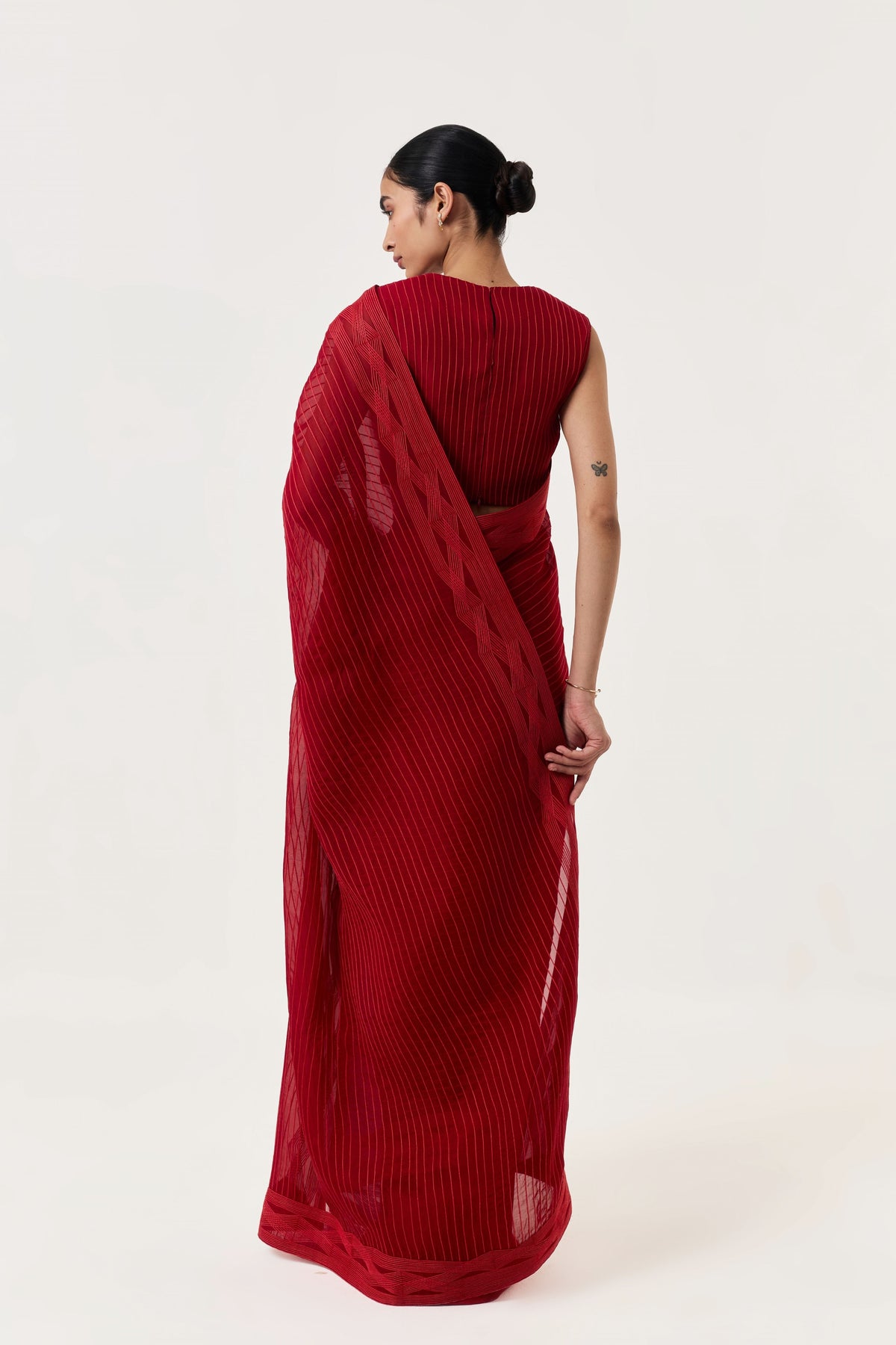 Entwined Red Corded Saree With Striped Pallu