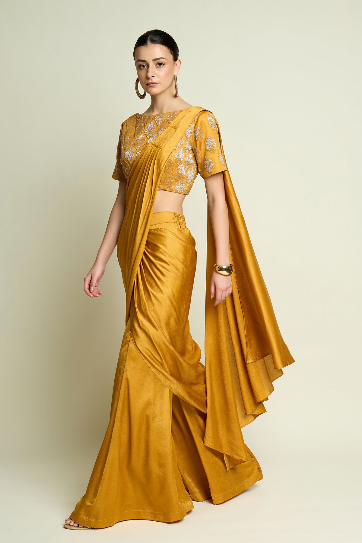 Mustard Embellished Palazzo Saree Set