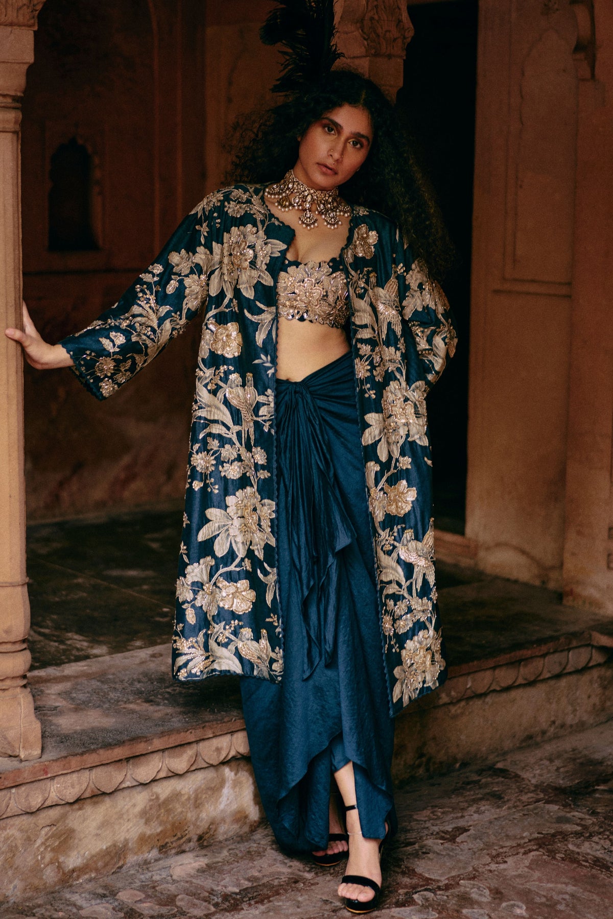 Embroidered Blue Jacket Set