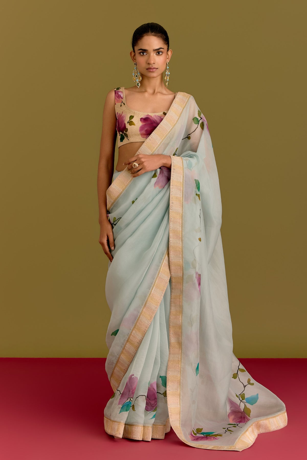 Blue Hand Painted Saree Set